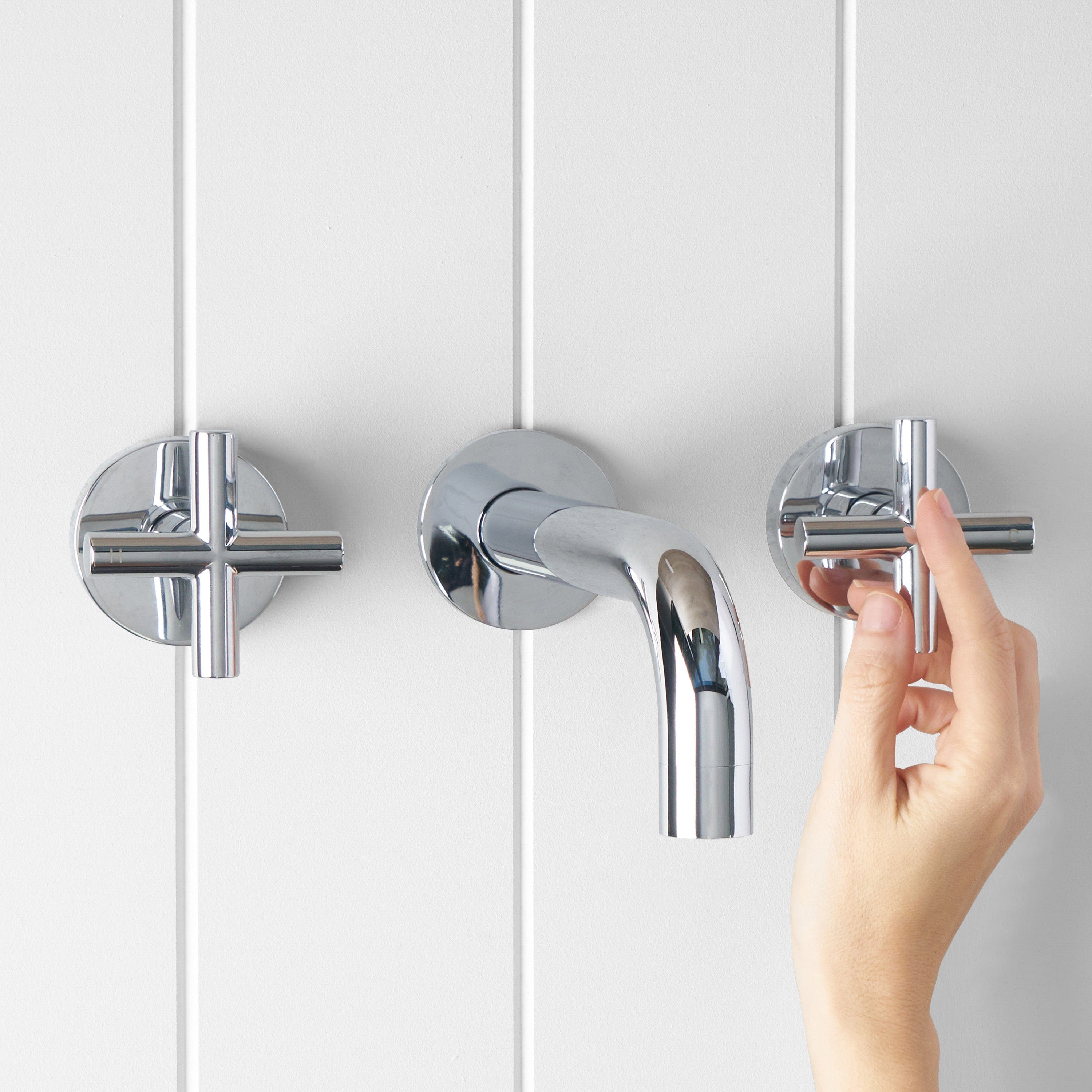 Chrome Wall Spout with Cross Taps - Modern Bathroom Faucet for Sink, Vanity, and Wet Bar Installation