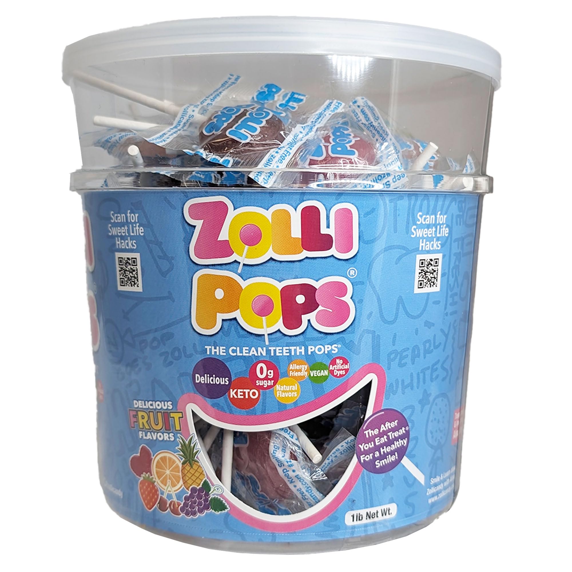 Zollipops Clean Teeth Pops - Sugar-Free Anti Cavity Lollipops for Kids & Adults - 1 LB Tub of Assorted Fruit Flavors - Perfect for Birthday Parties, School Treats & Healthy Snacking