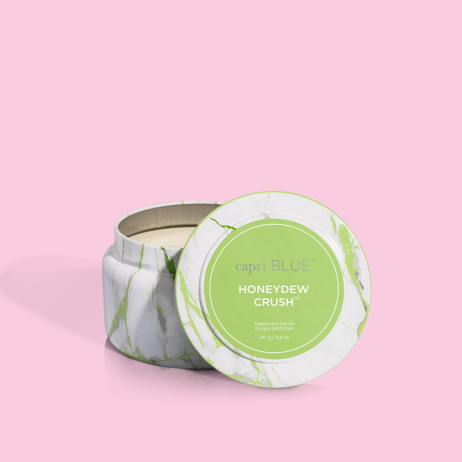 Capri Blue Modern Marble Printed Travel Tin Jar Candles - Luxury Scented Soy Wax Candles for Home Decor, Wedding, Spa - Long Lasting Honeydew Crush Fragrance (8.5 oz) - Perfect for Bedroom, Bathroom & Gift Giving