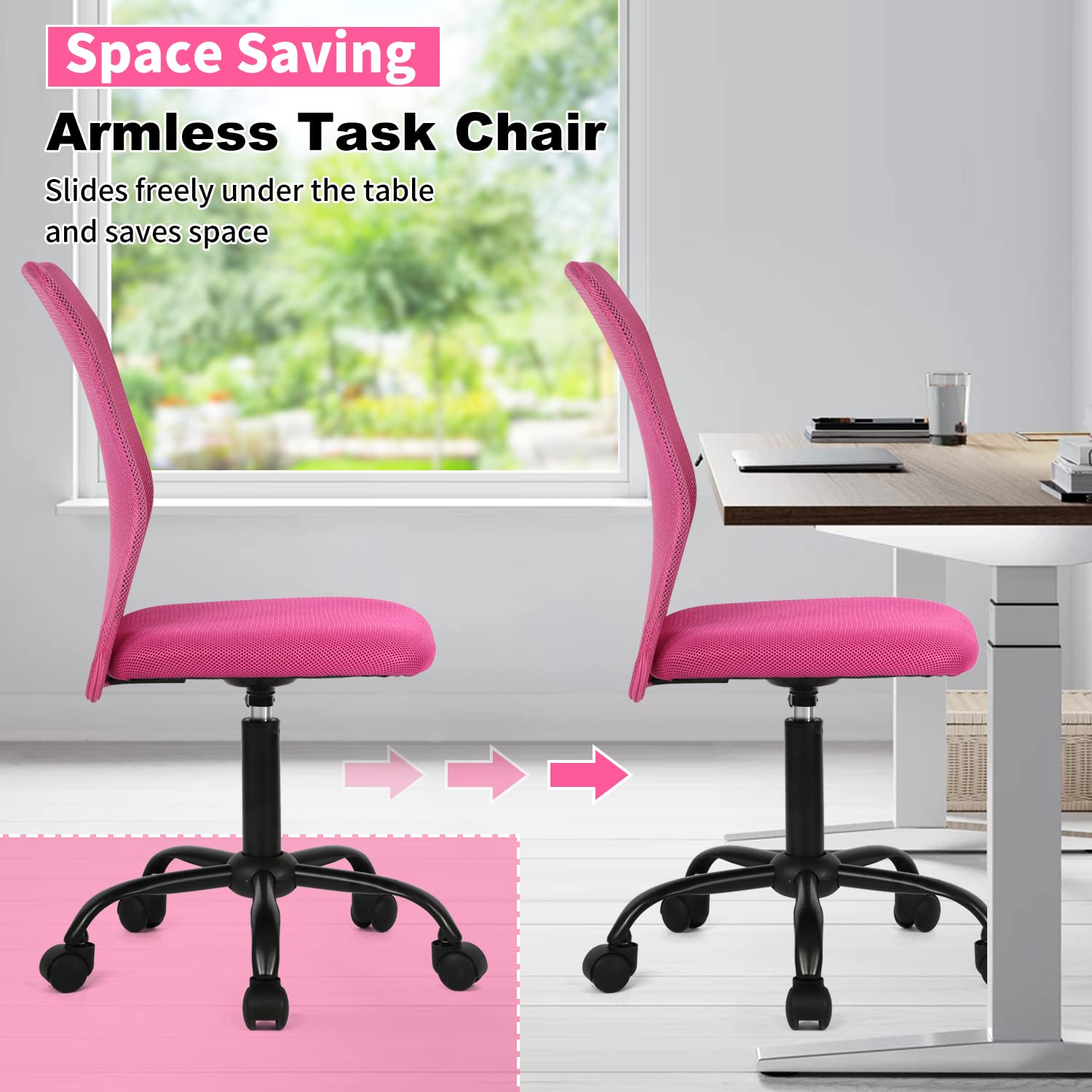 Ergonomic Armless Office Chair - Adjustable Height Mesh Computer Desk Chair with Lumbar Support, Rolling Swivel Task Chair for Small Spaces, Pink | Perfect for Home Office, Gaming & Workspace Comfort