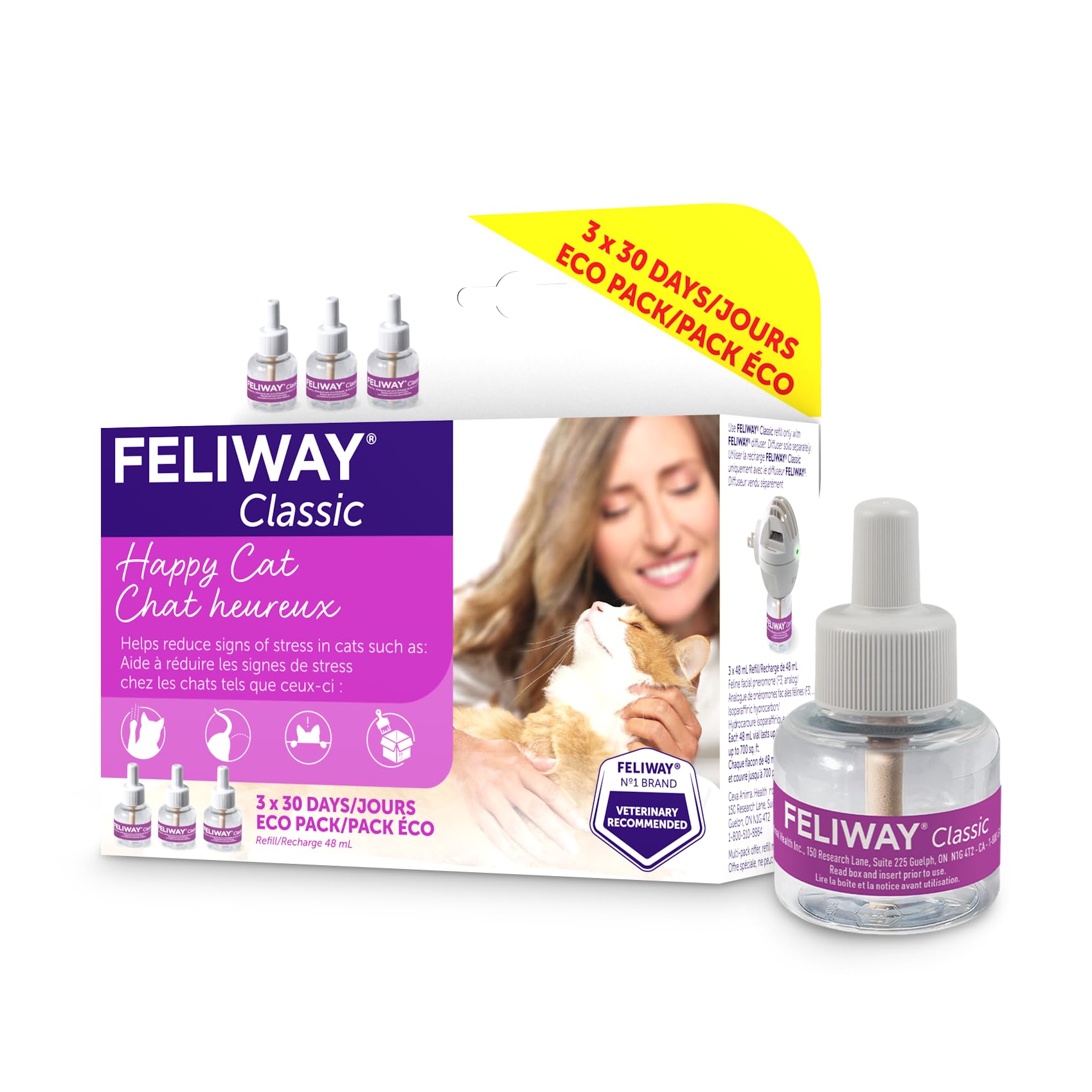 FELIWAY CLASSIC Diffuser Refill 3-Pack (90 Day Supply) - Calming Solution for Cats to Reduce Stress, Urine Spraying & Scratching - Compatible with FELIWAY Diffusers - Perfect for Multi-Cat Homes, Travel & Vet Visits