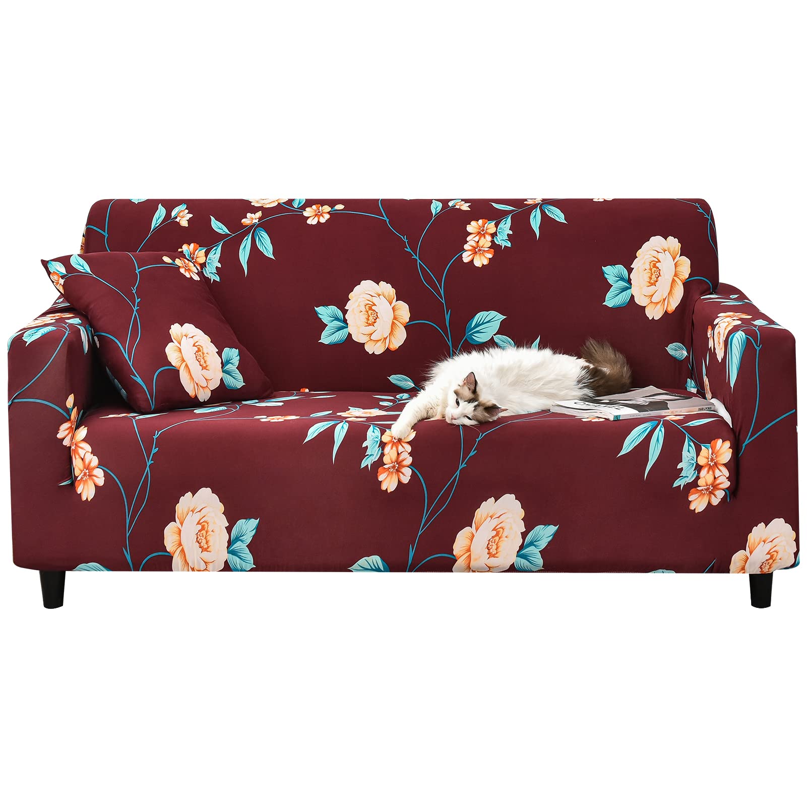 HOTNIU Stretch Sofa Slipcover - Printed Elastic Couch Cover for 4-Seat Furniture Protector, Non-Slip Living Room Sofa Cover with Free Pillow Case (X-Large, Red Floral) - Perfect for Home Decor, Pet Protection & Spill Prevention