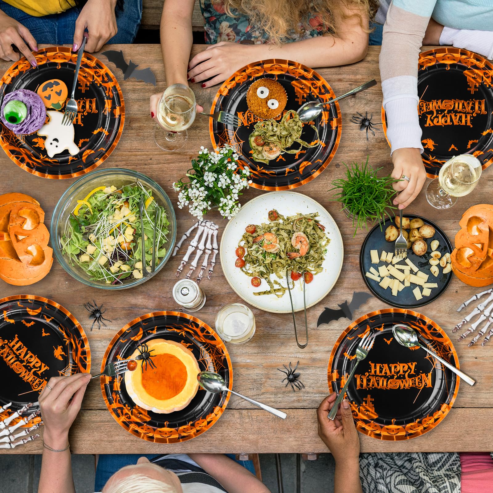 Halloween Party Plates 9 Inch - 50 Pcs Orange Gold Foil Pumpkin Cemetery Bats Disposable Paper Dinner Plates for Halloween Decorations & Party Supplies | Perfect for Spooky Dinner Parties, Trick-or-Treat Events & Haunted House Decor