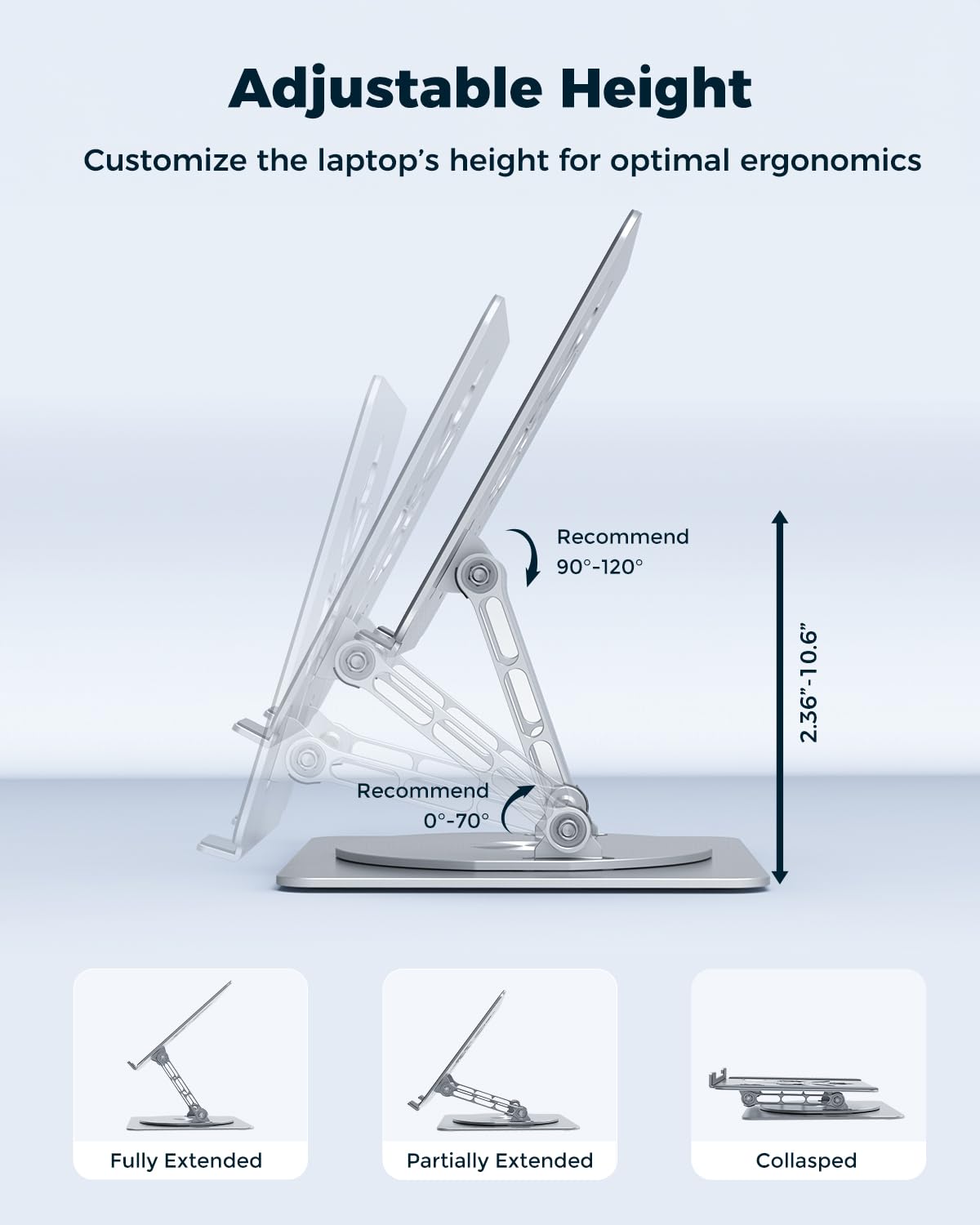 Adjustable Laptop Stand for Desk - Portable & Foldable Aluminum Laptop Riser with 360° Rotating Base, Ergonomic Computer Stand Holder for MacBook Pro/Air, Dell, HP, Lenovo Notebooks up to 15.6 Inches (Silver) - Perfect for Home Office, Workstation, Gaming & Study Setup