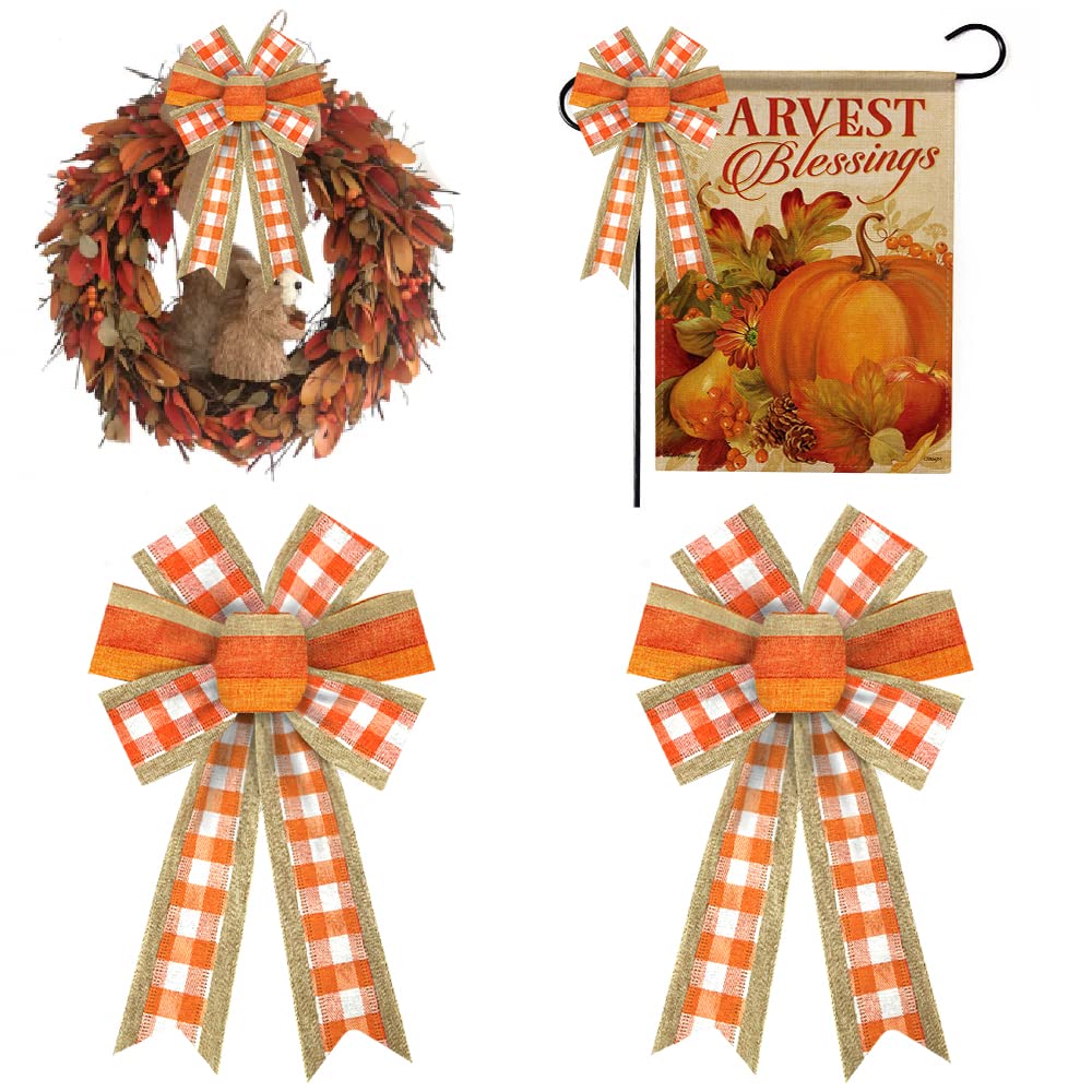 2 Pack Fall Wreath Bows - White & Orange Buffalo Plaid Thanksgiving Decor with Natural Burlap Accents for Front Door, Tree Topper, Autumn Wreaths and Holiday Home Decorations | Perfect for Thanksgiving, Harvest Season and Cozy Fall Home Styling