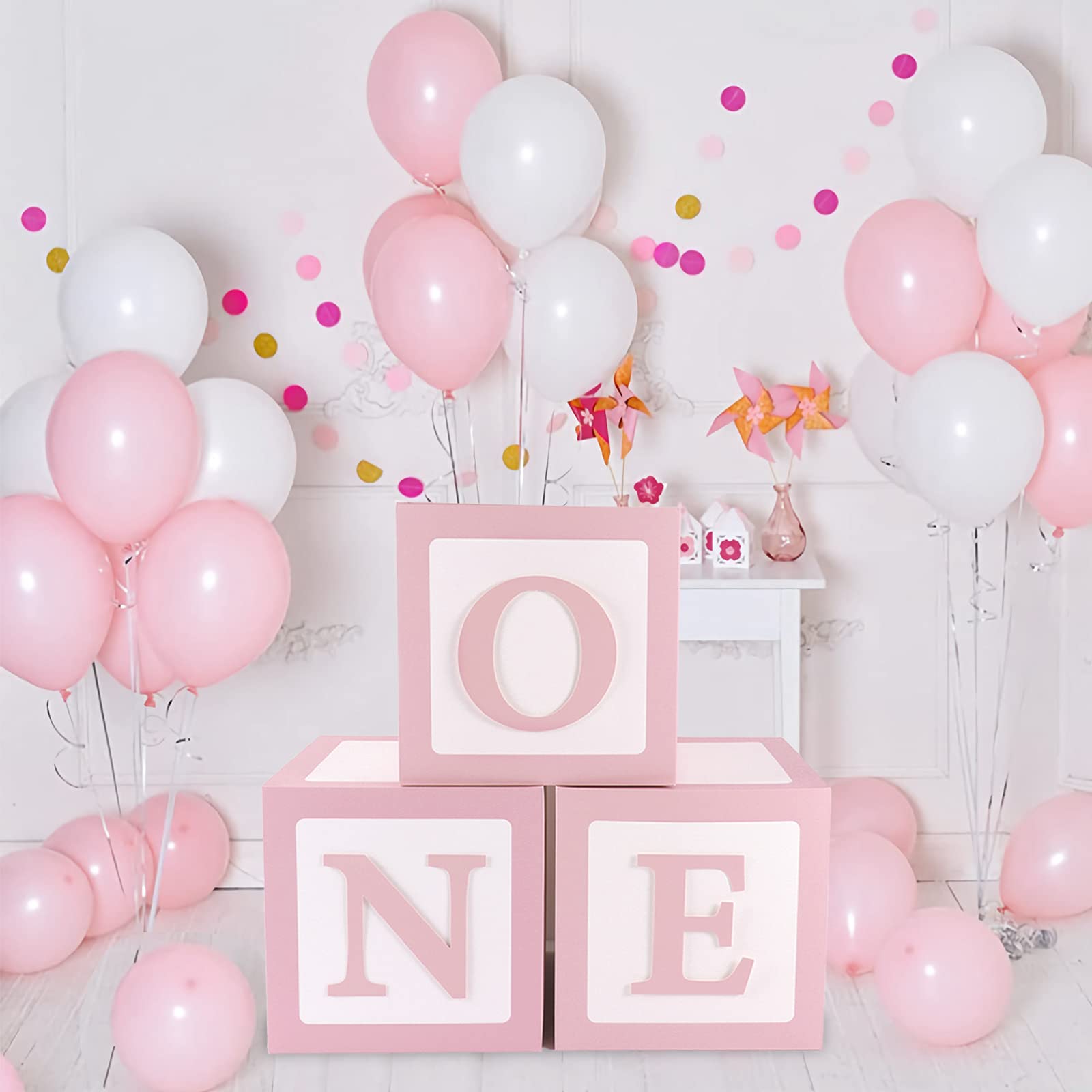 QIFU 1st Birthday Decorations for Girls - 3-Piece Pink ONE Letter Balloon Box Set with Blocks for Birthday Party Decor & Newborn Photo Props | Perfect for Baby's First Birthday, Gender Reveal, and Photography Backdrops
