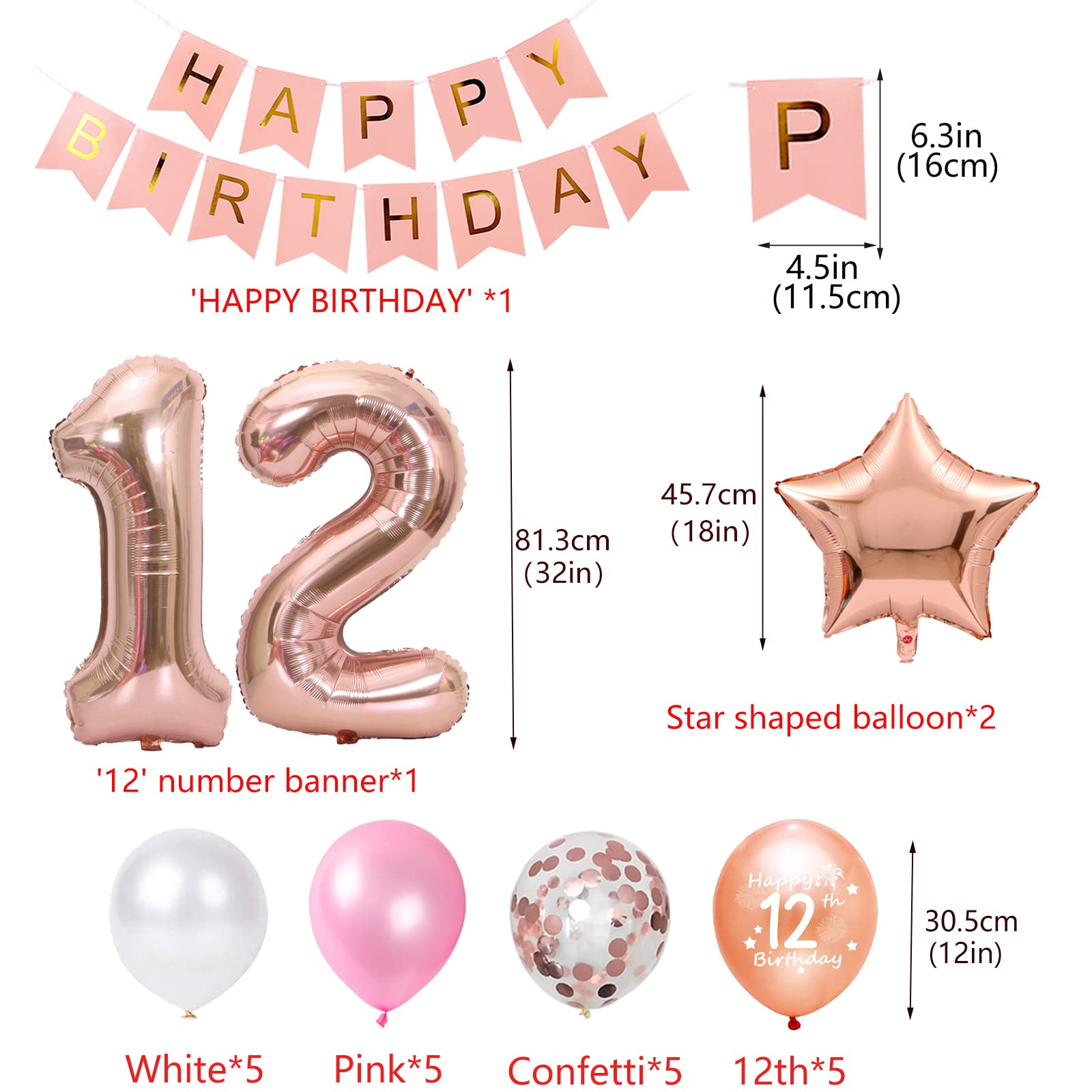 Rose Gold 12th Birthday Party Decorations Set - Happy Birthday Banner, Number 12 Balloons, Star Foil & Confetti Balloons for Girls | Perfect for 12th Birthday Celebrations, Sweet 16 Parties & Special Occasions