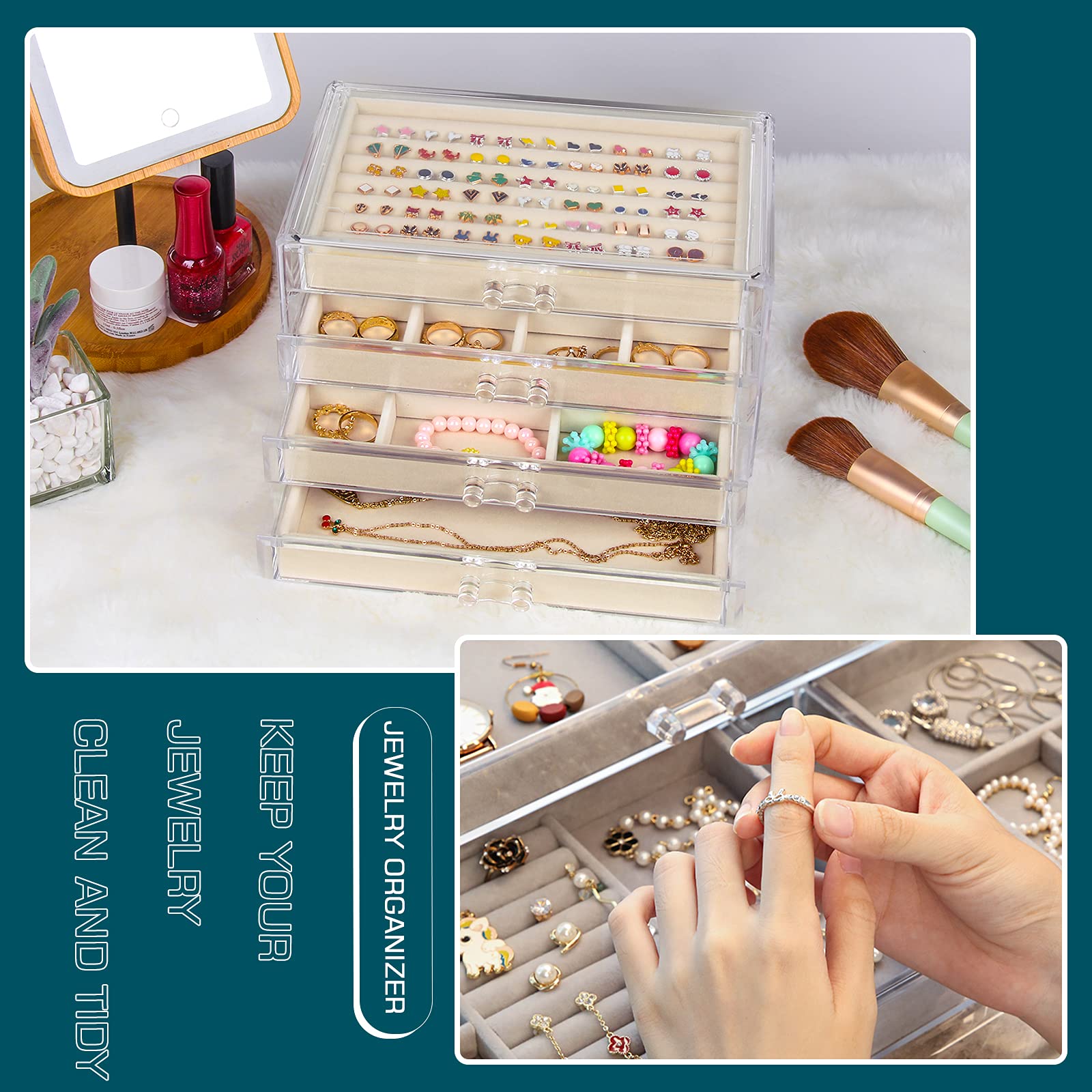 5-Drawer Acrylic Jewelry Box with Velvet Lining - Elegant Jewelry Organizer for Earrings, Necklaces, Rings & More - Perfect for Women's Vanity, Travel & Gift Giving (Beige)