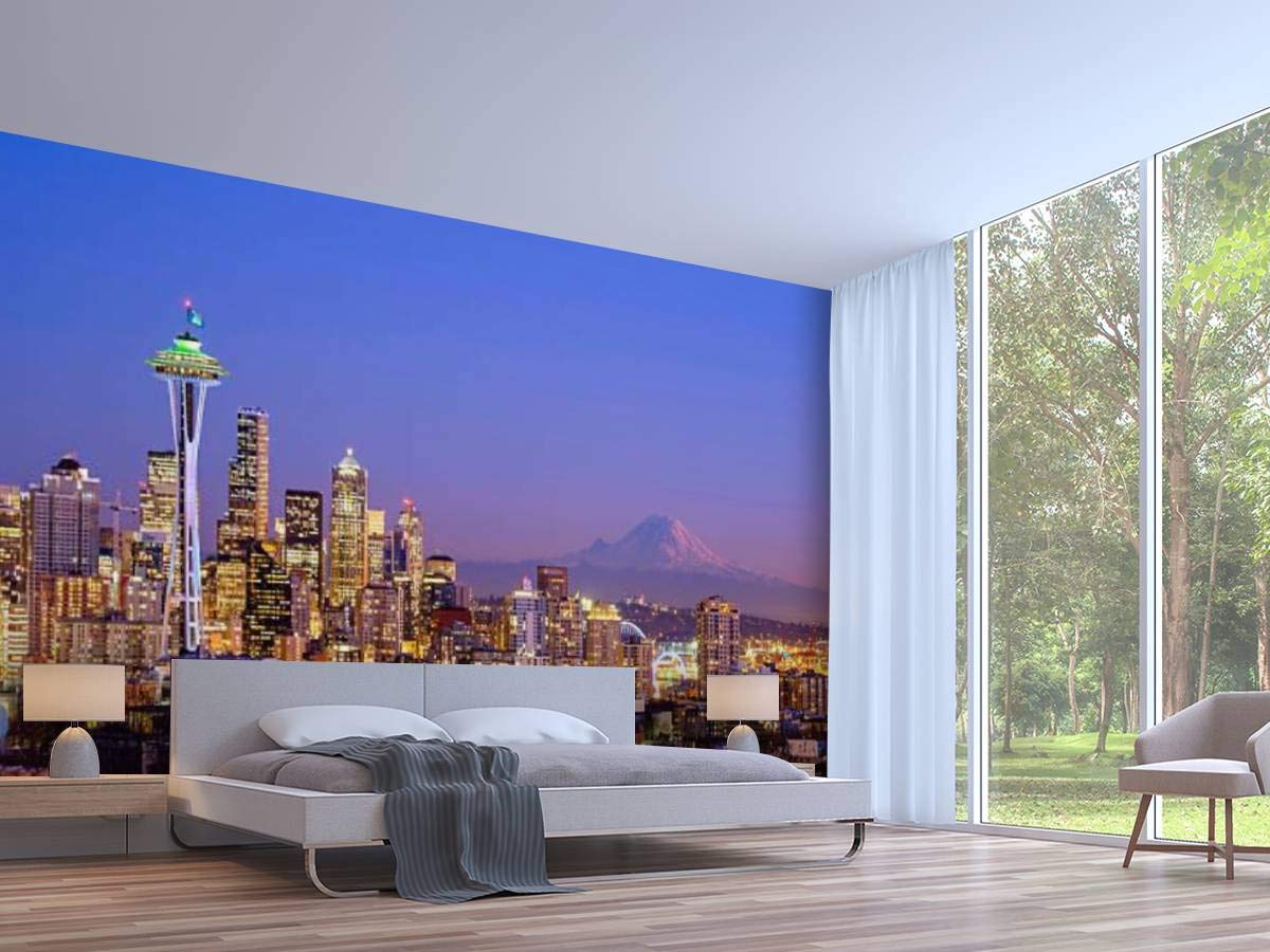 Seattle Skyline at Night with Mt. Rainier Wall Mural - Self-Adhesive Removable Peel & Stick Wallpaper for Home Decor - Perfect for Living Room, Bedroom & Office Spaces