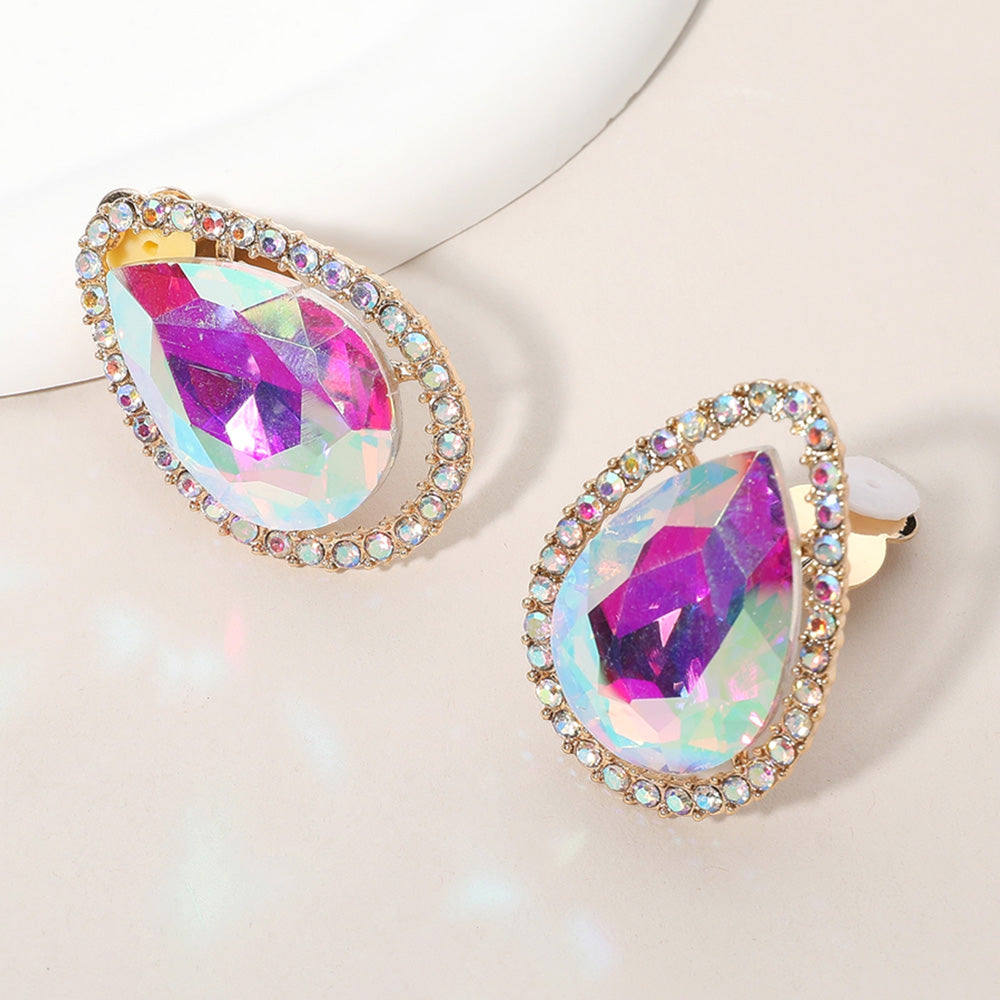 AB Teardrop Stone & Rhinestone Clip-On Pageant Earrings in Gold | Elegant Prom, Wedding & Party Jewelry | 653254