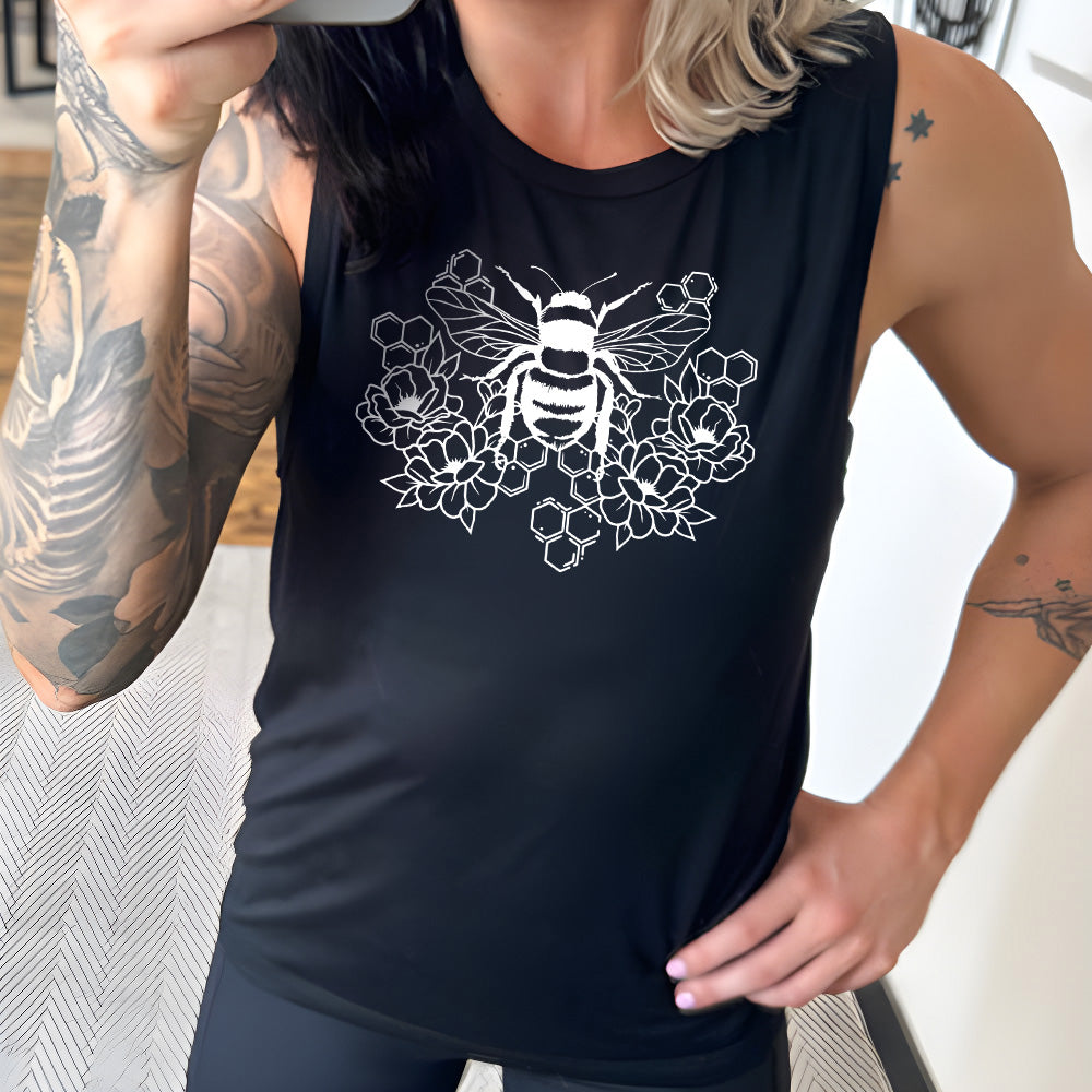 Honeycomb Bee Print Muscle Tank Top for Women - Soft & Breathable Workout Shirt - Gym, Yoga, Running & Casual Wear