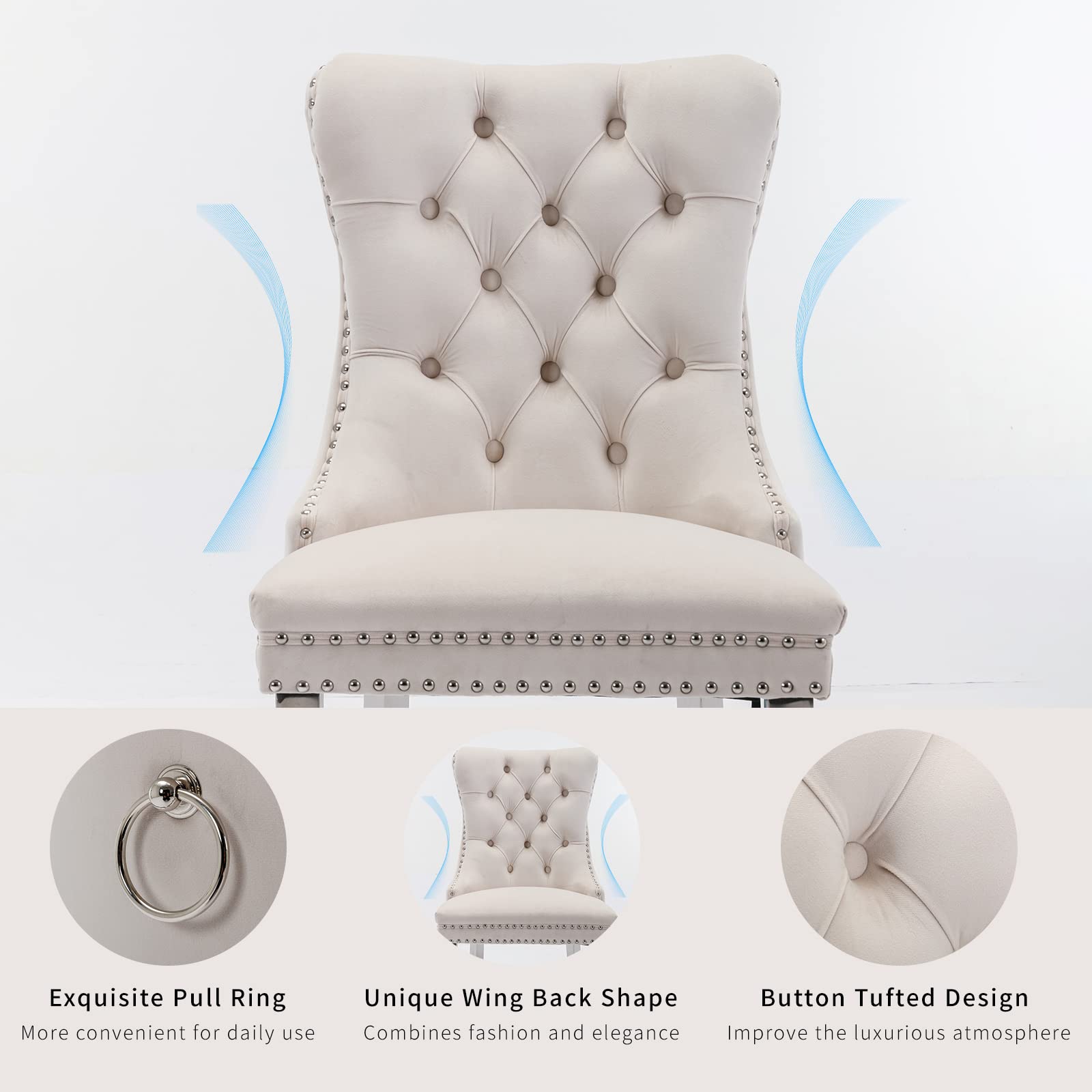 Luxury Velvet Dining Chairs Set of 2 - Tufted Upholstered Kitchen & Dining Room Chairs with Chrome Metal Legs, Beige - Perfect for Modern Home, Restaurant, and Office Decor