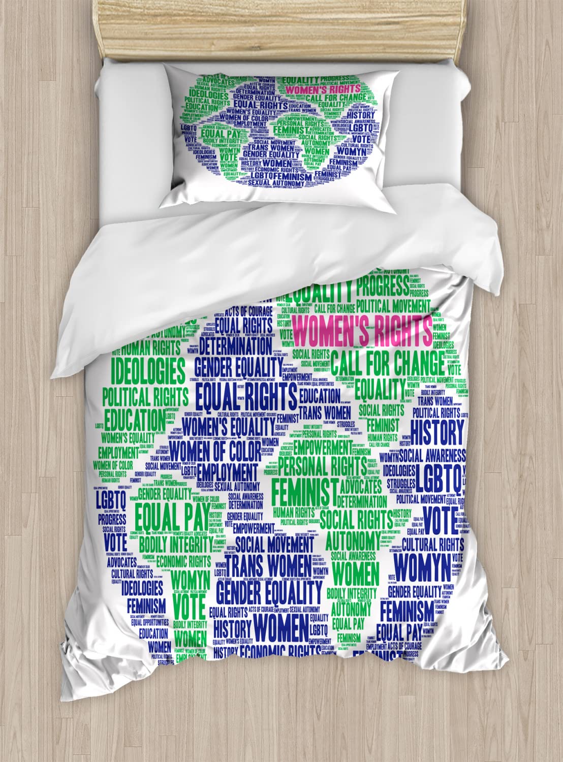 Ambesonne Feminist Duvet Cover Set - Queen Size 2-Pack with 2 Duvet Covers & 4 Pillowcases - Gender Equality & Women's Rights World Globe Design in Indigo, Fern Green & Pink - Perfect for Bedroom Decor & Social Justice Themed Spaces