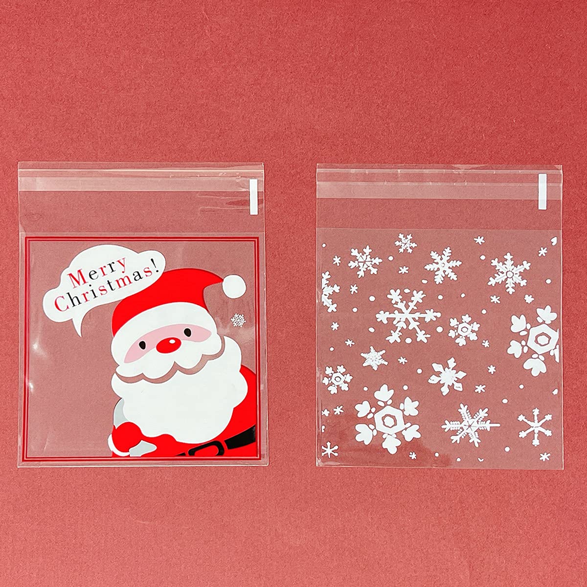 Allydrew 4x4 Inch Clear Self-Adhesive Candy Bags - 200 Pack Christmas Treat Bags for Cookies, Party Favors, Wedding Gifts (Snowflake & Santa Design) - Perfect for Holiday Parties, Baby Showers & Candy Buffets
