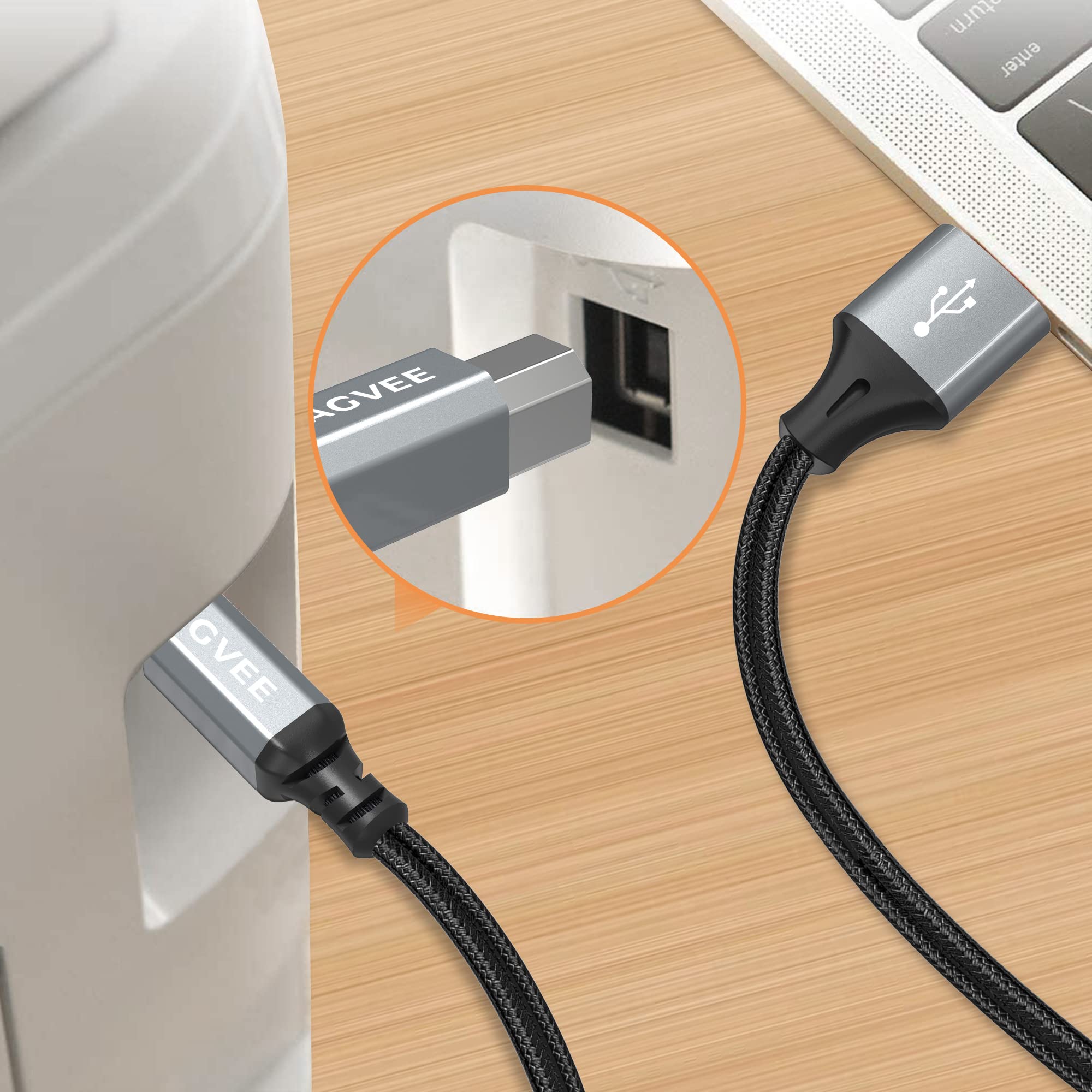 2 Pack 6.6ft USB Printer Cable A to B - Braided Durable MIDI Cable for HP Canon Epson Brother Printers, Piano, MIDI Controller & Keyboard, Audio Interface Recording - Dark Gray | Perfect for Home Office & Music Studio Setup