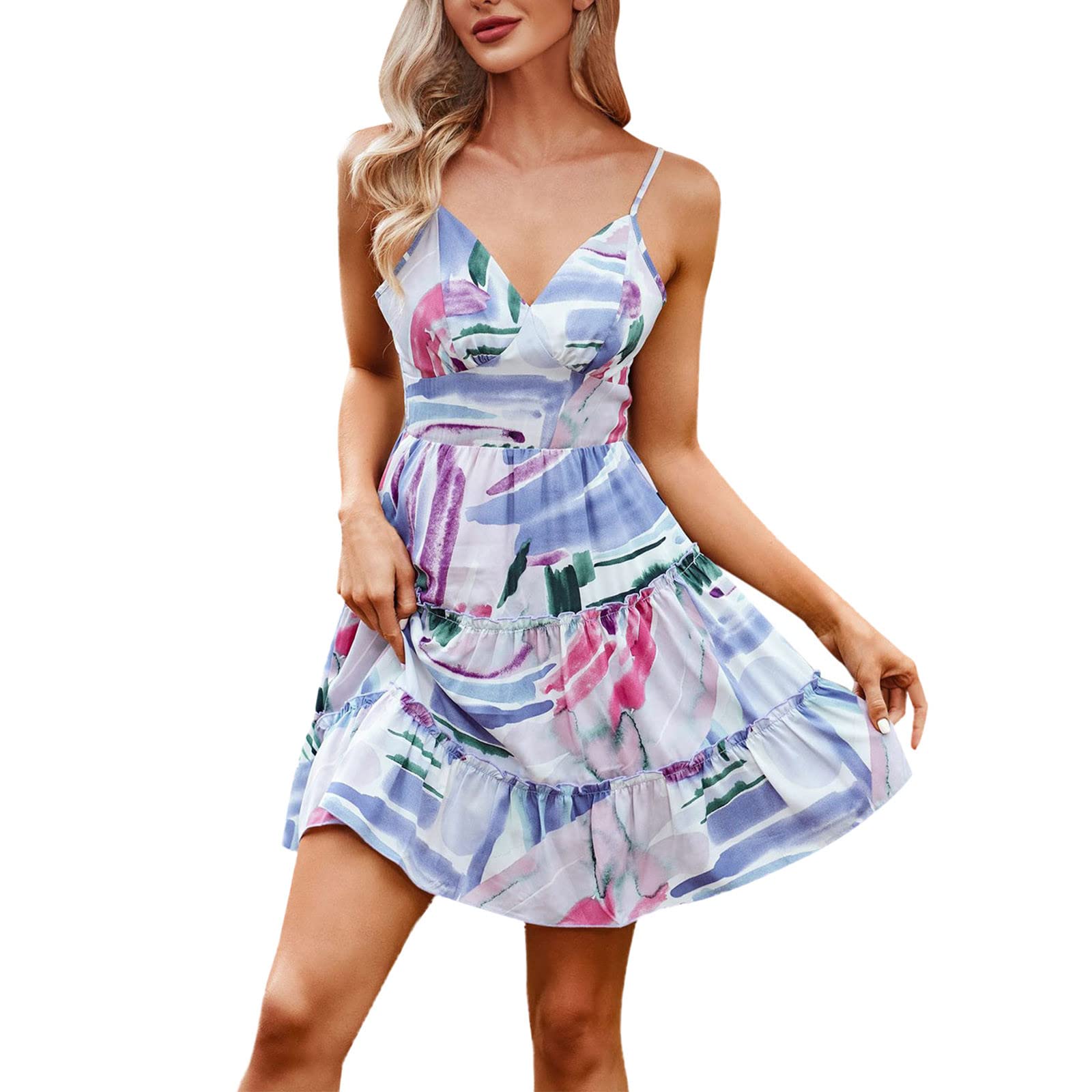 DGTVVR Women's Summer Floral Print V-Neck Sleeveless A-Line Mini Dress - High Waist Party Dress for Beach, Vacation & Casual Outings