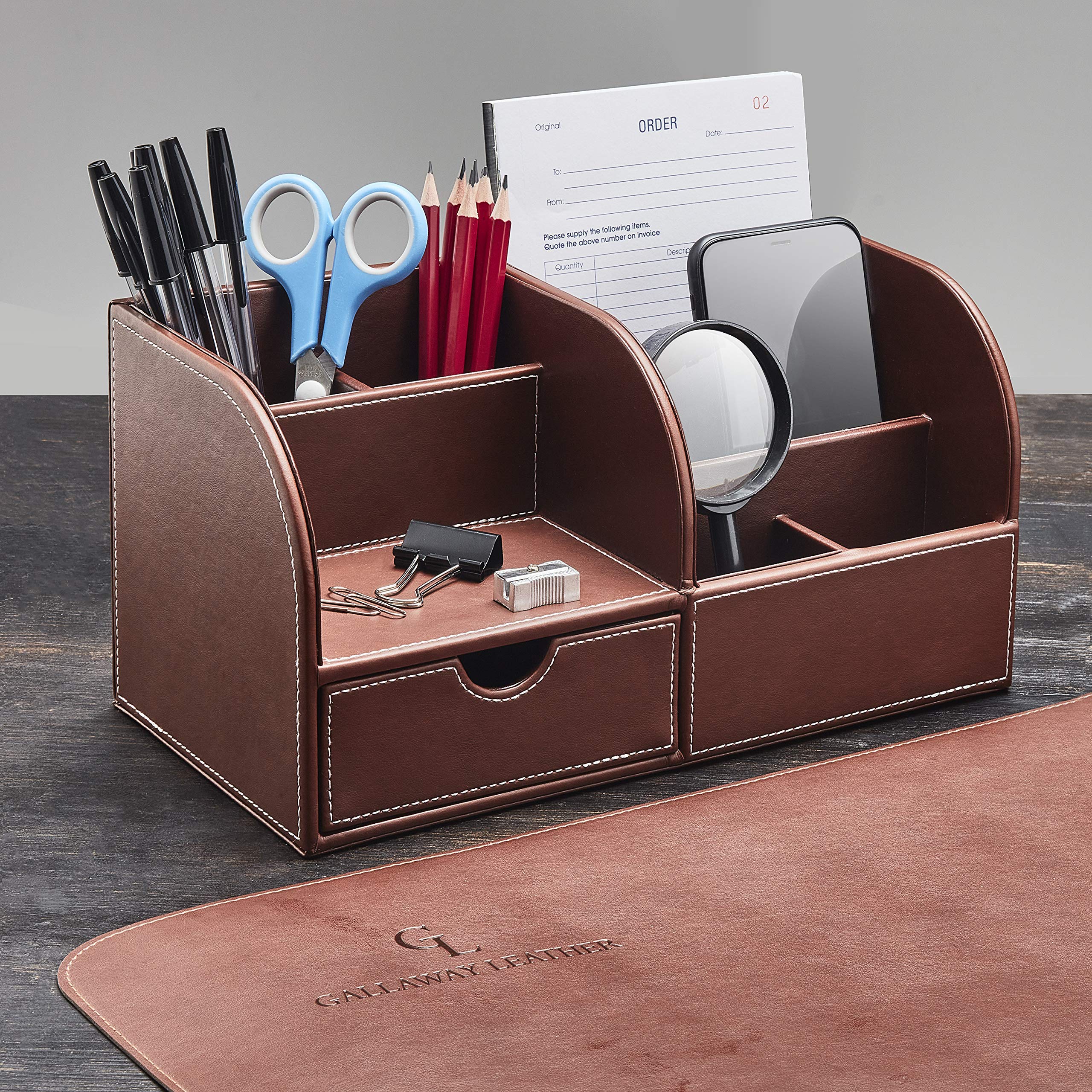 Premium GALLAWAY LEATHER Desk Organizer Caddy - Large Brown Office Desk Accessory for Men | Holds Pens, Pencils, Business Cards & Smartphones | Perfect for Home Office, School & Workspace Organization