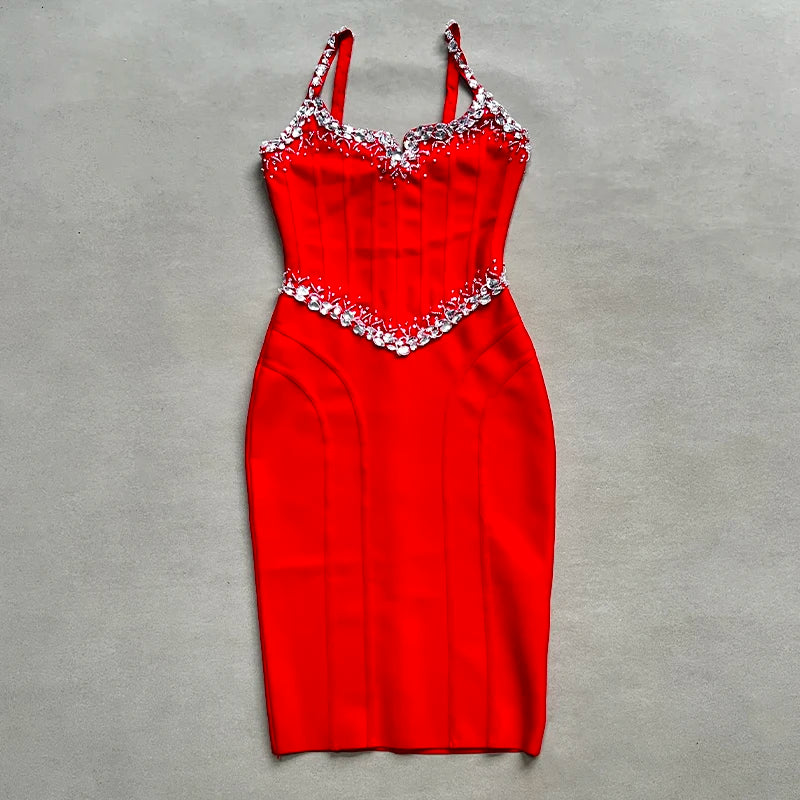 Sexy Black & Red Sleeveless V-Neck Bodycon Mini Dress for Women - Crystal Embellished Bandage Clubwear for Nightclub, Party & Birthday Celebrations | Perfect for Cocktail Parties, Date Nights & Special Occasions