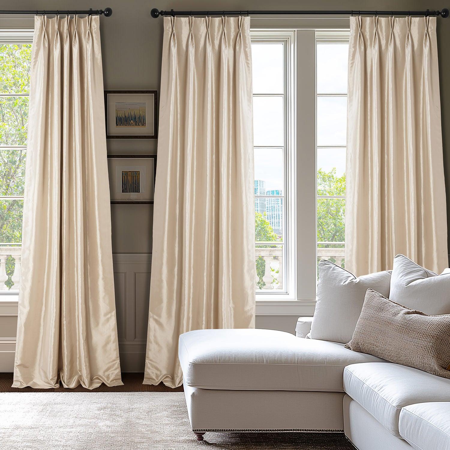 Antique Beige French Pleat Faux Silk Taffeta Blackout Curtains - Elegant Window Treatment for Living Room & Bedroom, Light Blocking & Noise Reducing Home Decor