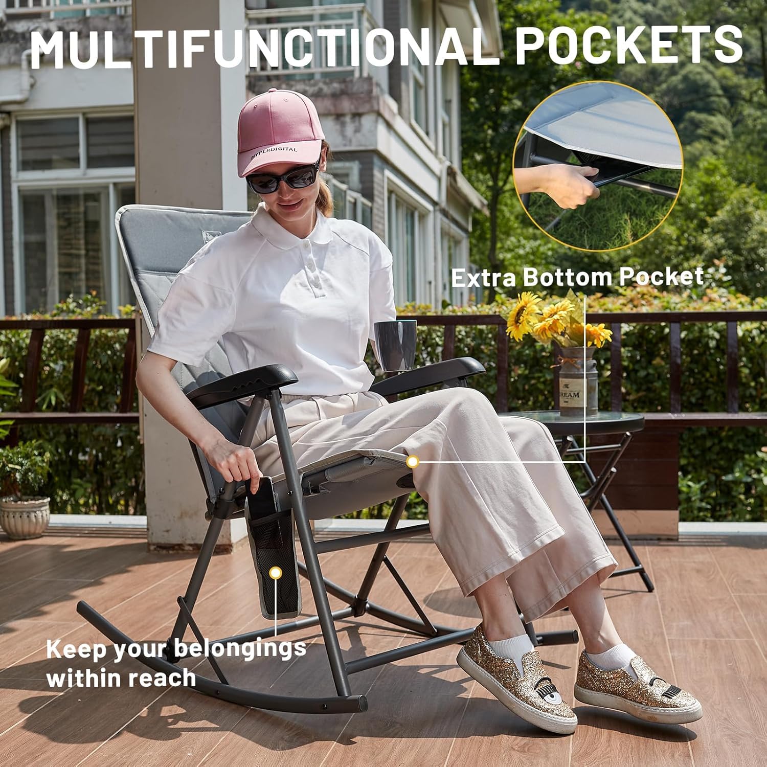 TIMBER RIDGE Adjustable Rocking Camping Chair - Padded High Back Outdoor Rocker with Side Pocket, Portable Folding Chair for Adults Supports 300 lbs - Perfect for Lawn, Patio, Porch, Beach & Backyard Relaxation (Grey, 1 Pack)