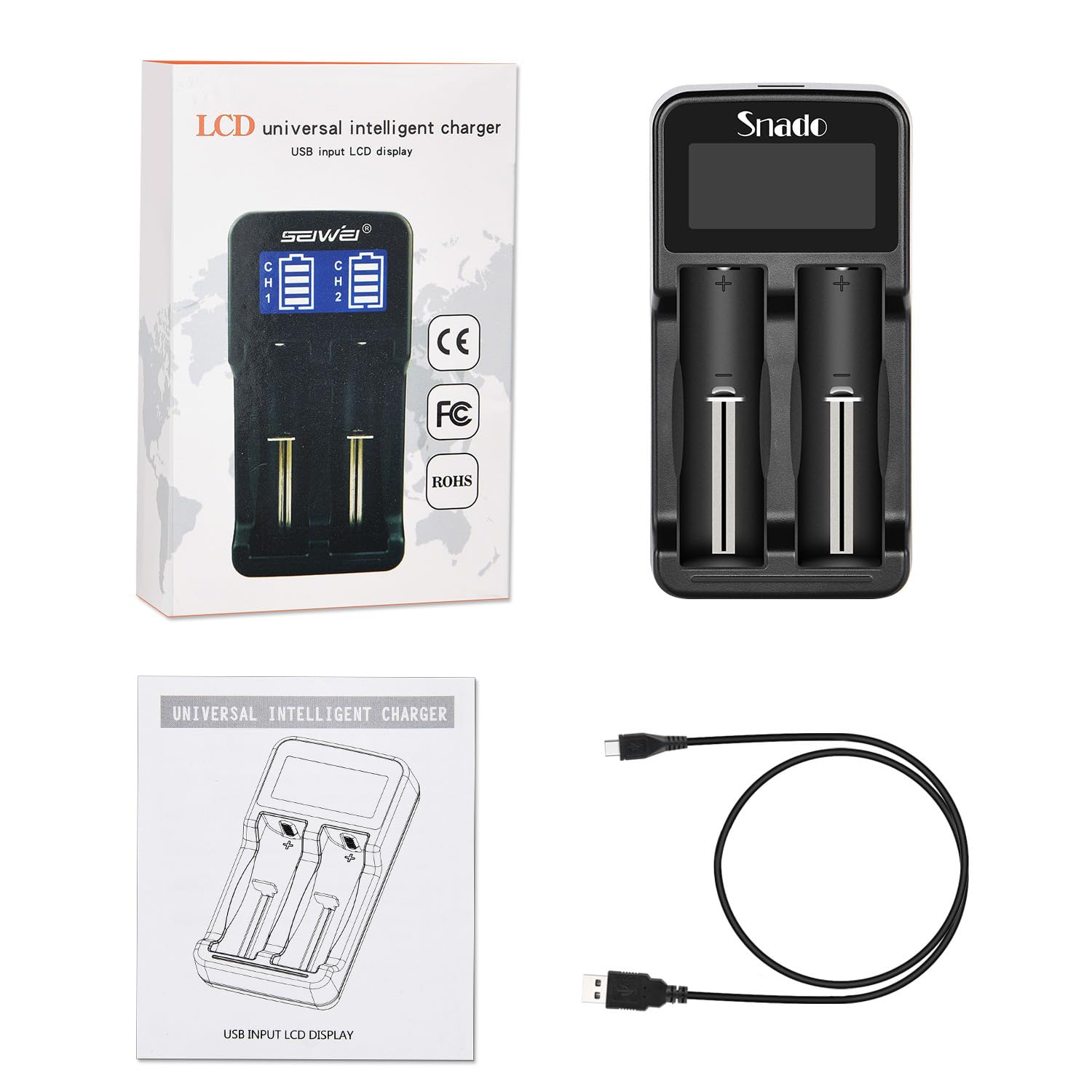 Snado LCD Display Universal Smart Charger for Li-ion 18650 18490 18350 & Ni-MH AA AAA Batteries - Intelligent Fast Charging with Auto Cut-off - Perfect for Cameras, Flashlights, and Electronic Devices