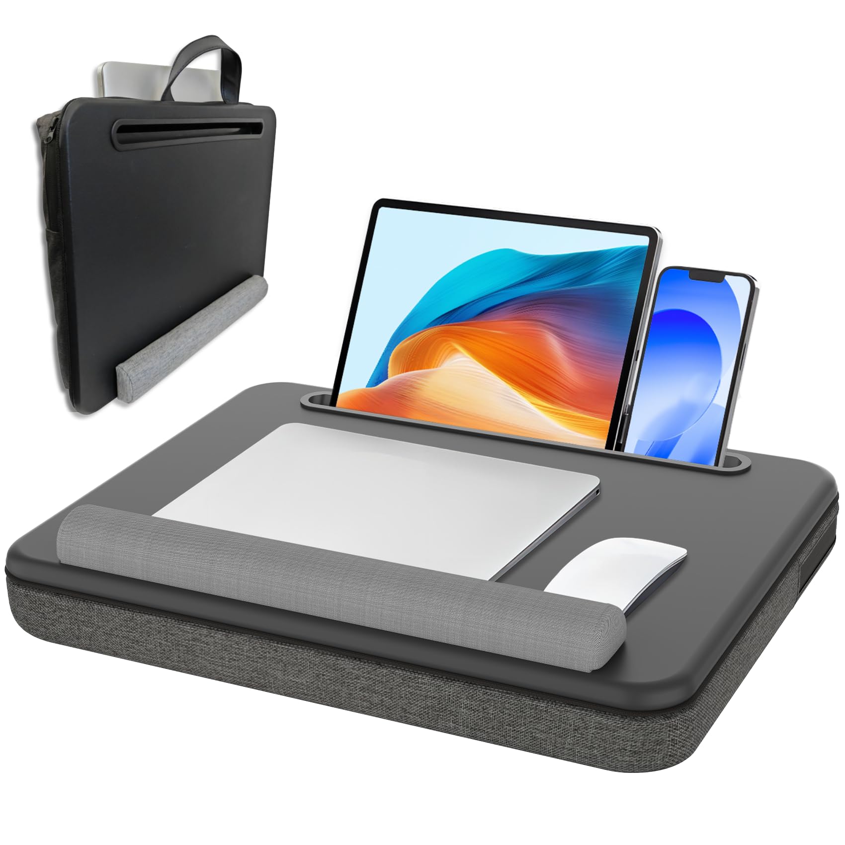 Portable Laptop Desk with Wrist Rest & Storage - Fits 15.6 Inch Laptops, Tablets & Phones - Ergonomic Lap Desk for Home Office, Study, Bed or Couch - Black & Dark Gray Stand for Comfortable Computing Anywhere