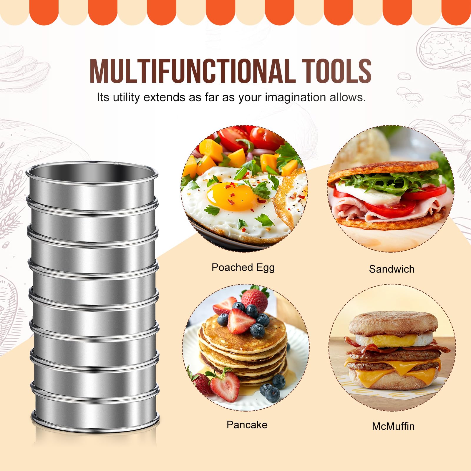16 Pack Stainless Steel English Muffin Rings & Crumpet Rings Set - 4 Inch & 3.3 Inch Double Rolled Tart Rings, Round Cake Molds for Baking - Perfect for Homemade Pastries, Muffins, Tarts & Desserts - Includes Silicone Brush & Clamp for Easy Baking