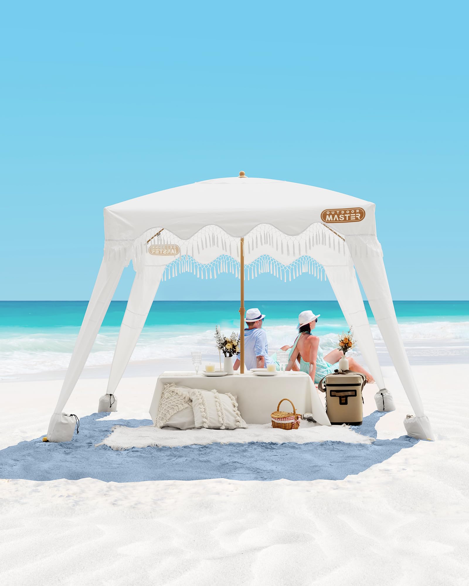 OutdoorMaster 6' x 6' Portable Beach Cabana with Fringe & Side Wall - UPF 50+ UV Protection Sun Canopy for Family, Kids & Friends - Easy Setup Beach Shelter in Romantic White - Perfect for Beach Days, Pool Parties & Outdoor Picnics