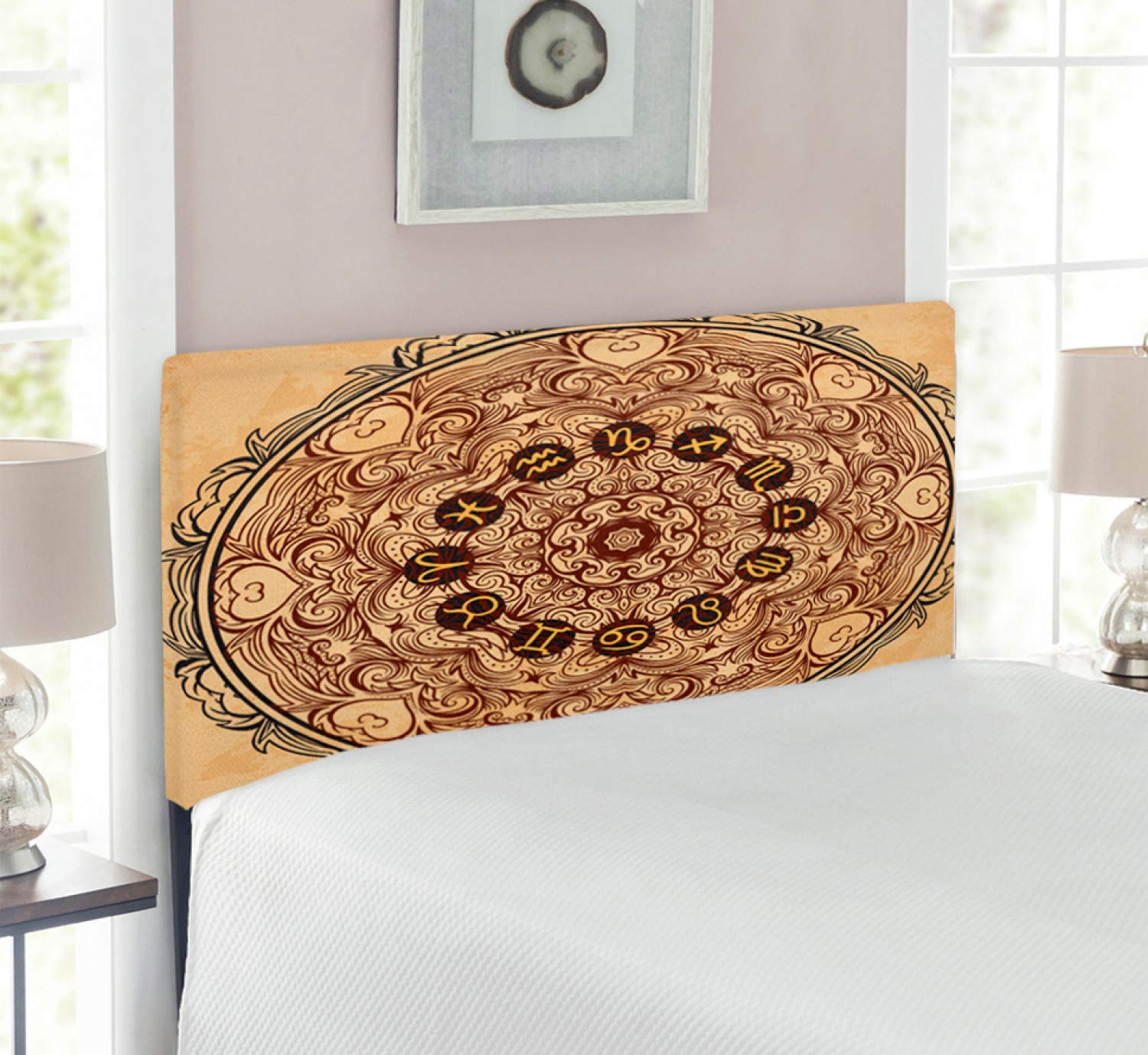 Ambesonne Zodiac Upholstered Metal Headboard with Memory Foam - Twin Size Brown Tan Micro Cosmos Universe Design, Eastern Lace Mandala Pattern for Bedroom Decor | Perfect for Home, Apartment, Dorm Room & Guest Room