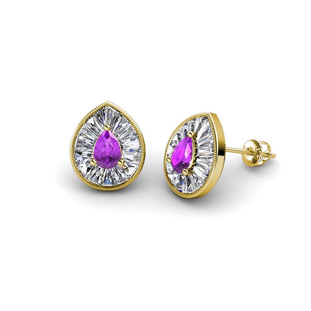 Pear Cut Amethyst & Natural Diamond Halo Stud Earrings for Women - 1 1/8 ctw, 14K Gold Milgrain Detail - Perfect for Weddings, Date Nights & Special Occasions