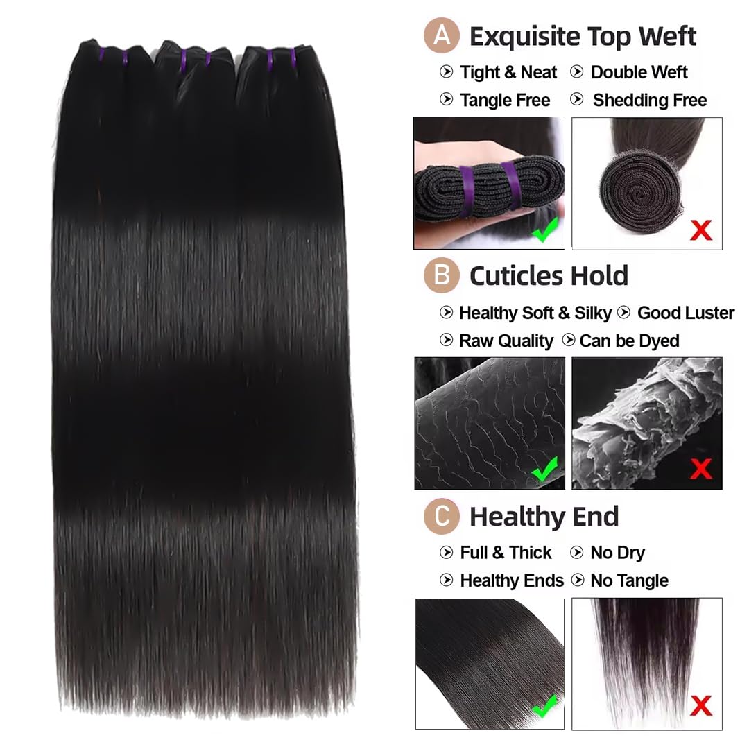 16A Straight 100% Unprocessed Brazilian Virgin Human Hair Bundles - 3 Raw Bundles NO.1 Quality (14/16/18 Inch) for Black Women | Natural Color | Perfect for Protective Styles, Weaves & Extensions