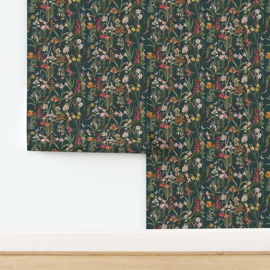 Peel & Stick Wallpaper 12ft x 2ft - Garden Dragonflies Spring Botanical Woodland Floral Custom Removable Wallpaper by Spoonflower | Perfect for Bedroom, Nursery, Living Room & Office Decor