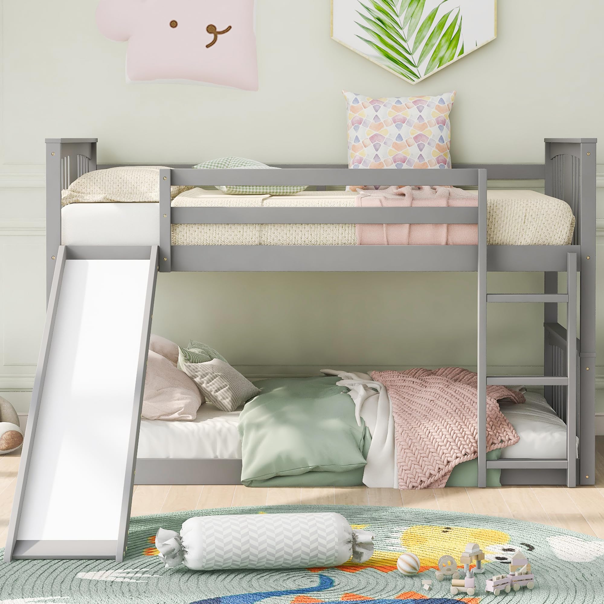 Montessori Twin Over Twin Bunk Bed with Slide & Ladder - Low Profile Kids Bunk Bed with Safety Guardrail, Headboard & Footboard - Gray Bunk Bed for Boys & Girls - Perfect for Small Bedrooms, Playrooms & Montessori Learning Spaces