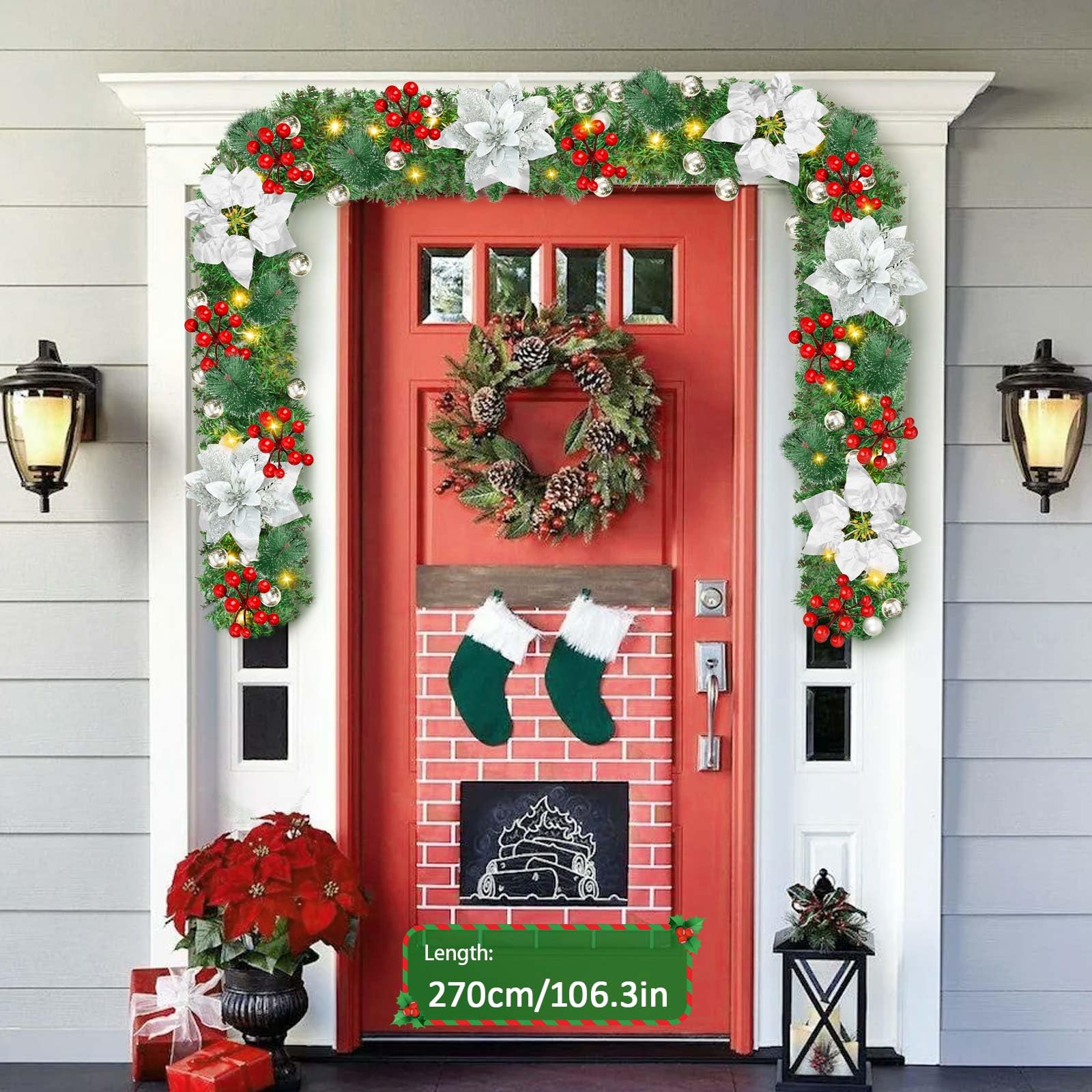 9FT Christmas Garland with Lights - Silver Holiday Wreath for Fireplace, Stairs, Wedding & Party Decorations | Perfect for Indoor/Outdoor Xmas Decor