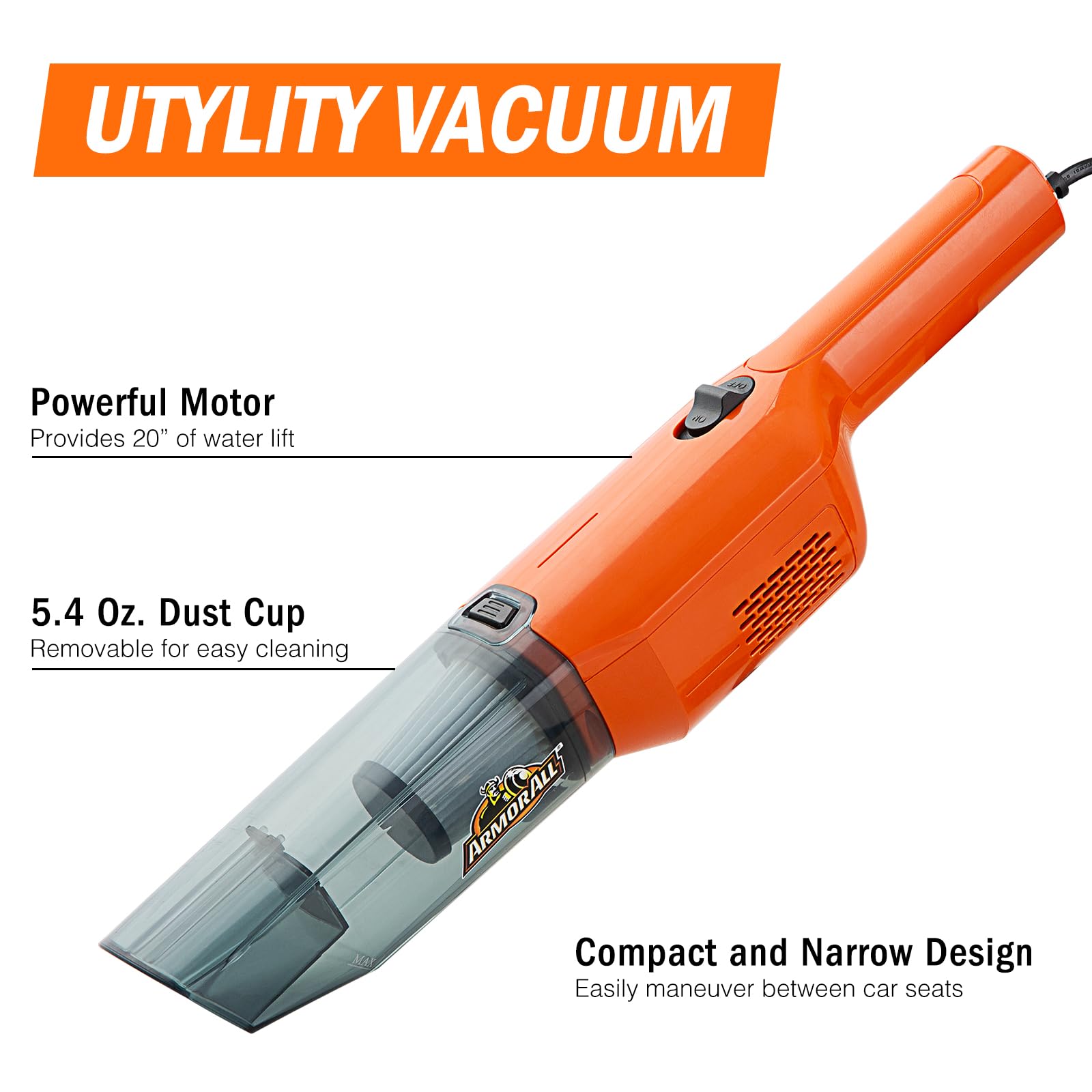 Armor All AA12V2 0903 Compact Car Vacuum Cleaner - Portable Orange Auto Vac for Car Detailing, Home & Office Use