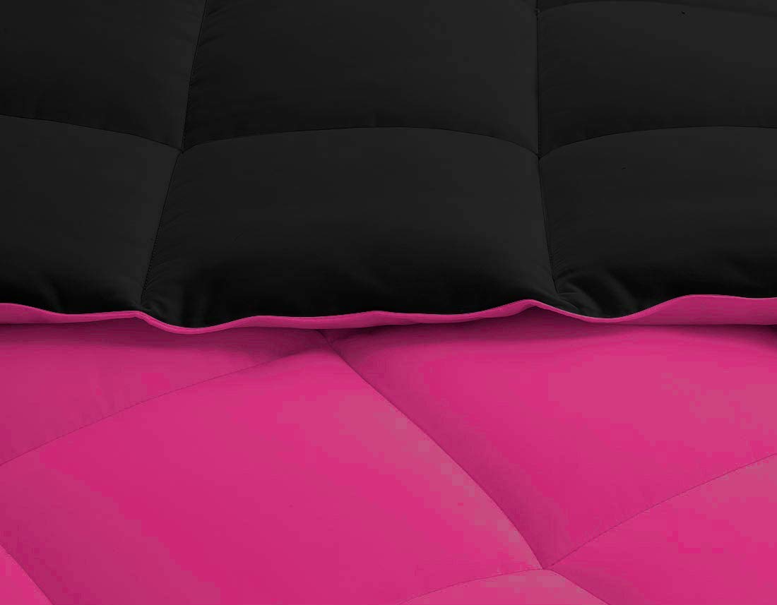 All-Season 3-Piece Reversible Down Alternative Comforter Set - 500 GSM Soft Cotton Quilted Bedding | Queen/Full Size in Black & Hot Pink | Perfect for Year-Round Comfort in Bedroom, Guest Room & Dorm