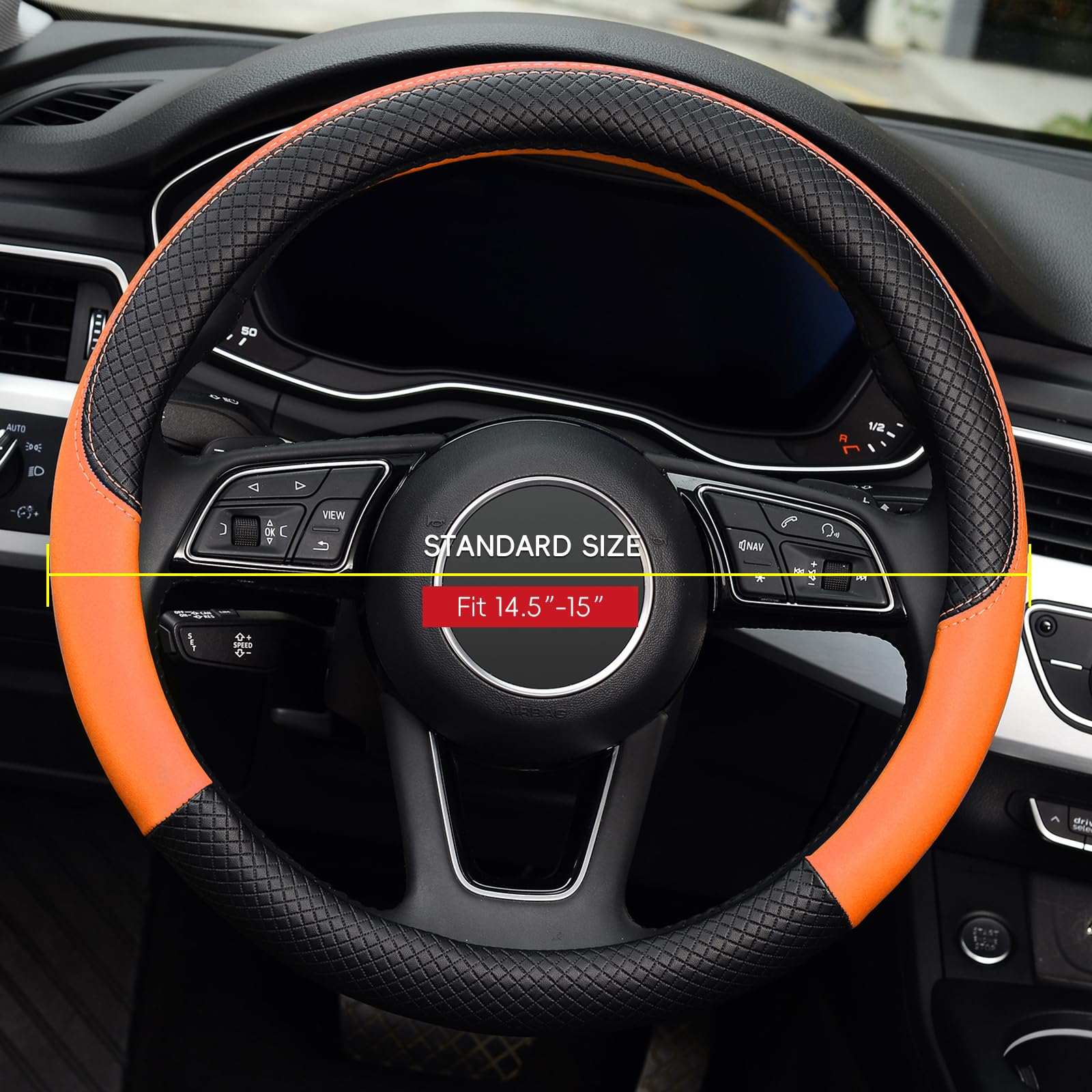 LABBYWAY Universal 15 Inch Microfiber Leather Steering Wheel Cover - Non-Slip Grip, Durable Car Wheel Protector (Orange) | Perfect for Daily Commuting & Long Road Trips