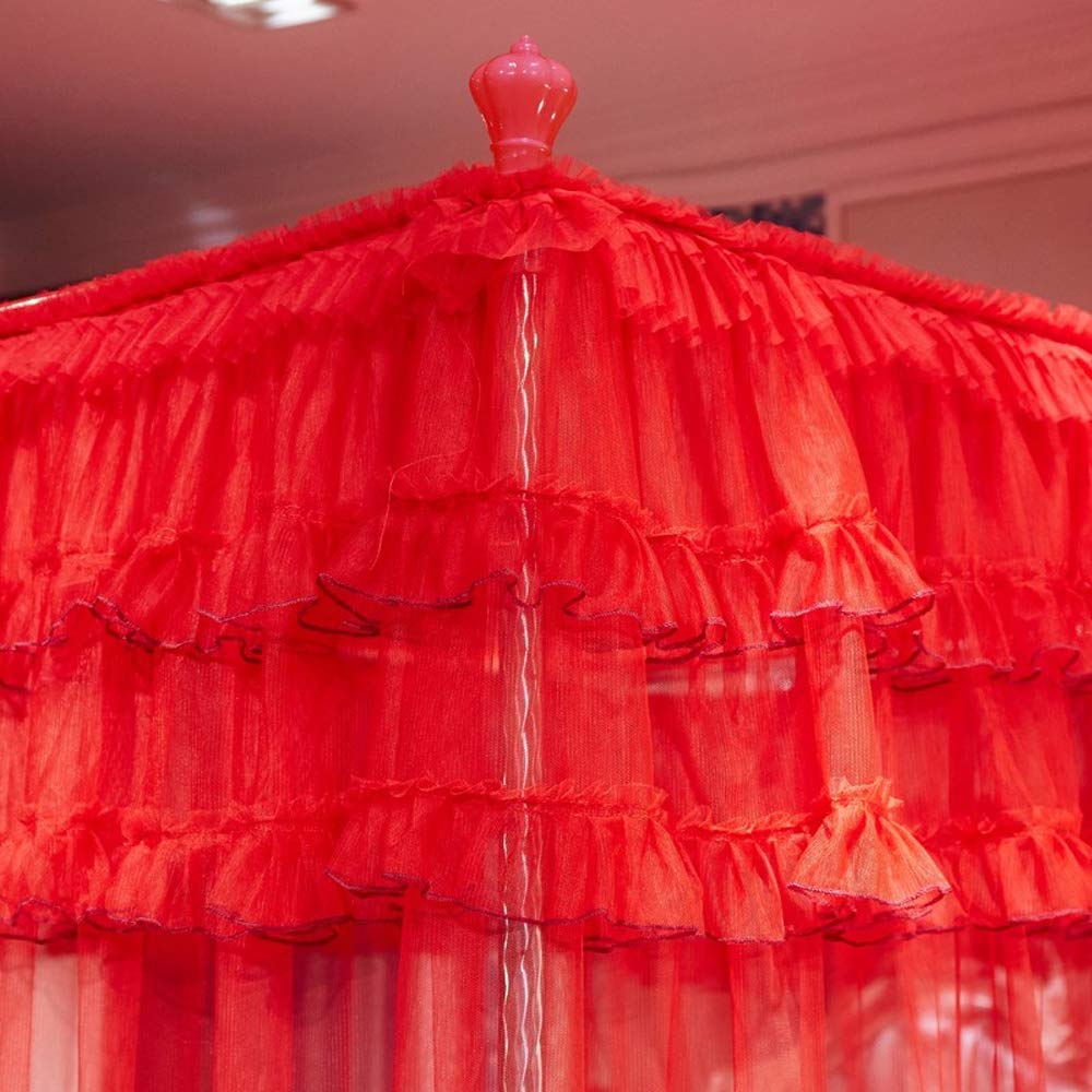 Elegant 4 Corner Princess Bed Canopy with Mosquito Net - Full Size Red Bed Curtain for Girls Room, Wedding Decor & Romantic Bedroom Setup