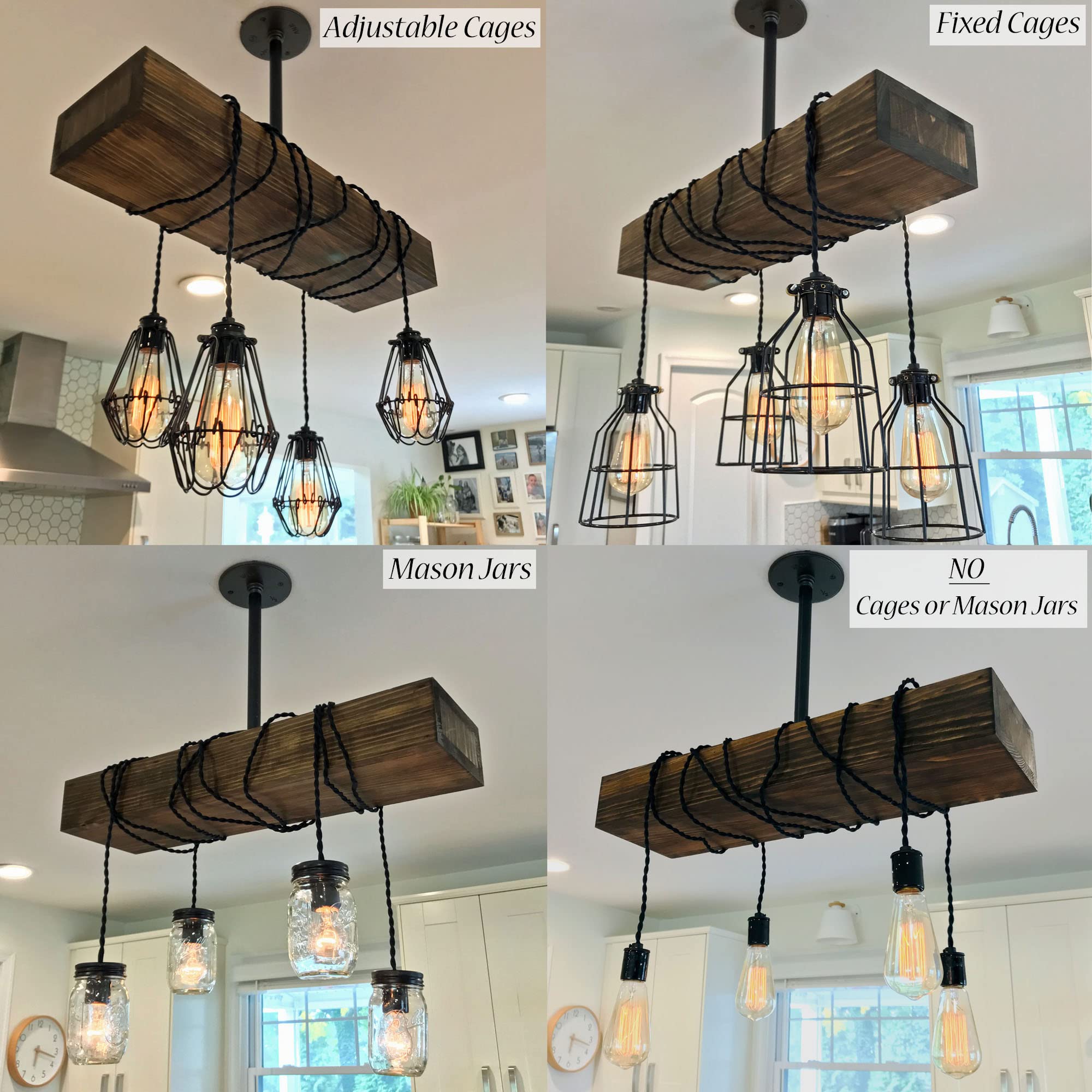 Madison Farmhouse Rustic Wood Pendant Chandelier Ceiling Light - 20 Custom Colors (Shown in Jacobean) - Adjustable Hanging Lights - Handmade in USA - Perfect for Dining Room, Kitchen Island & Entryway Lighting