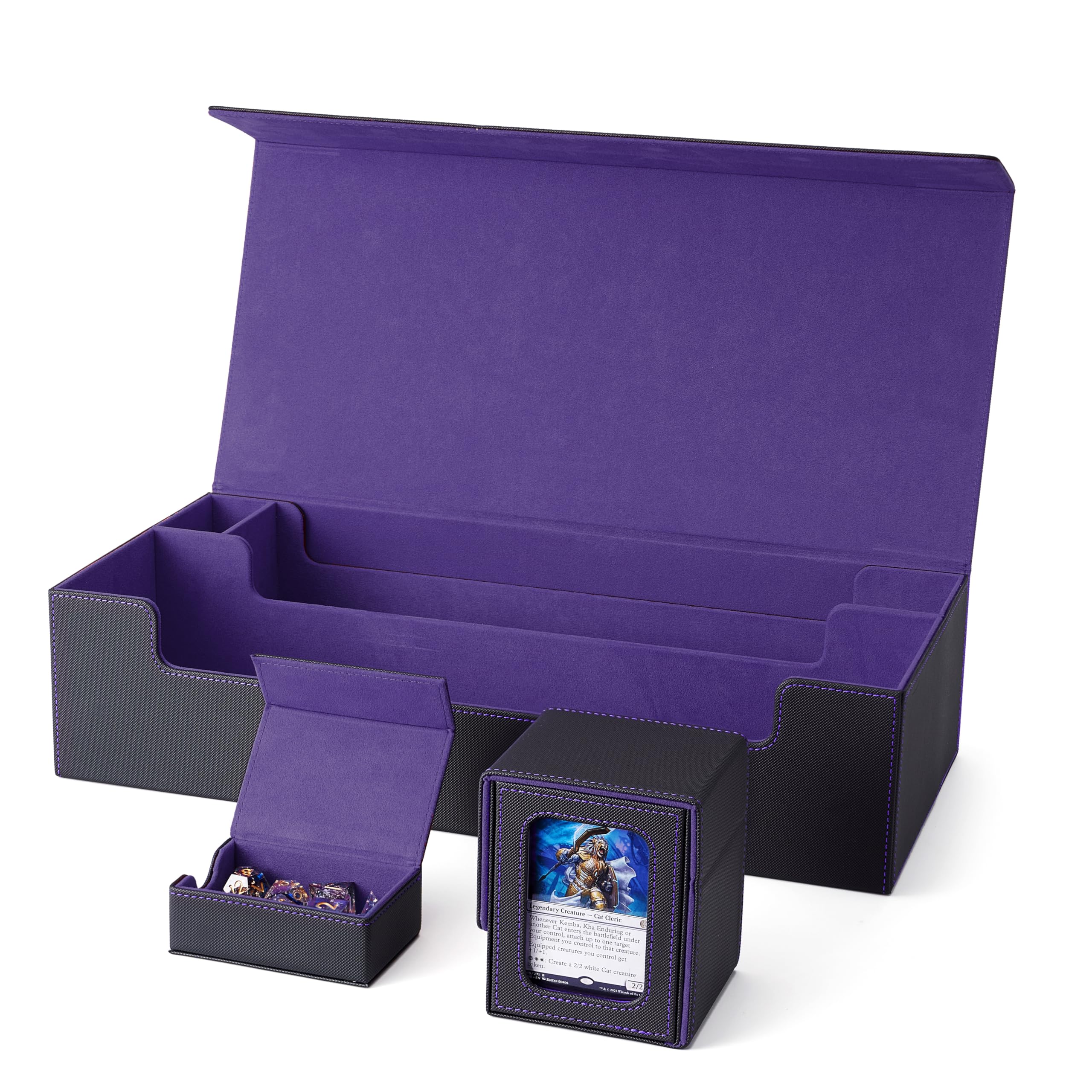 Premium MTG Deck Box - Holds 5 Display Card Decks with Playmat & Dice Storage | Includes 10 Colorful Dividers & Card Supporter | Magic The Gathering Card Organizer for Game Nights & Tournaments (Black & Purple)