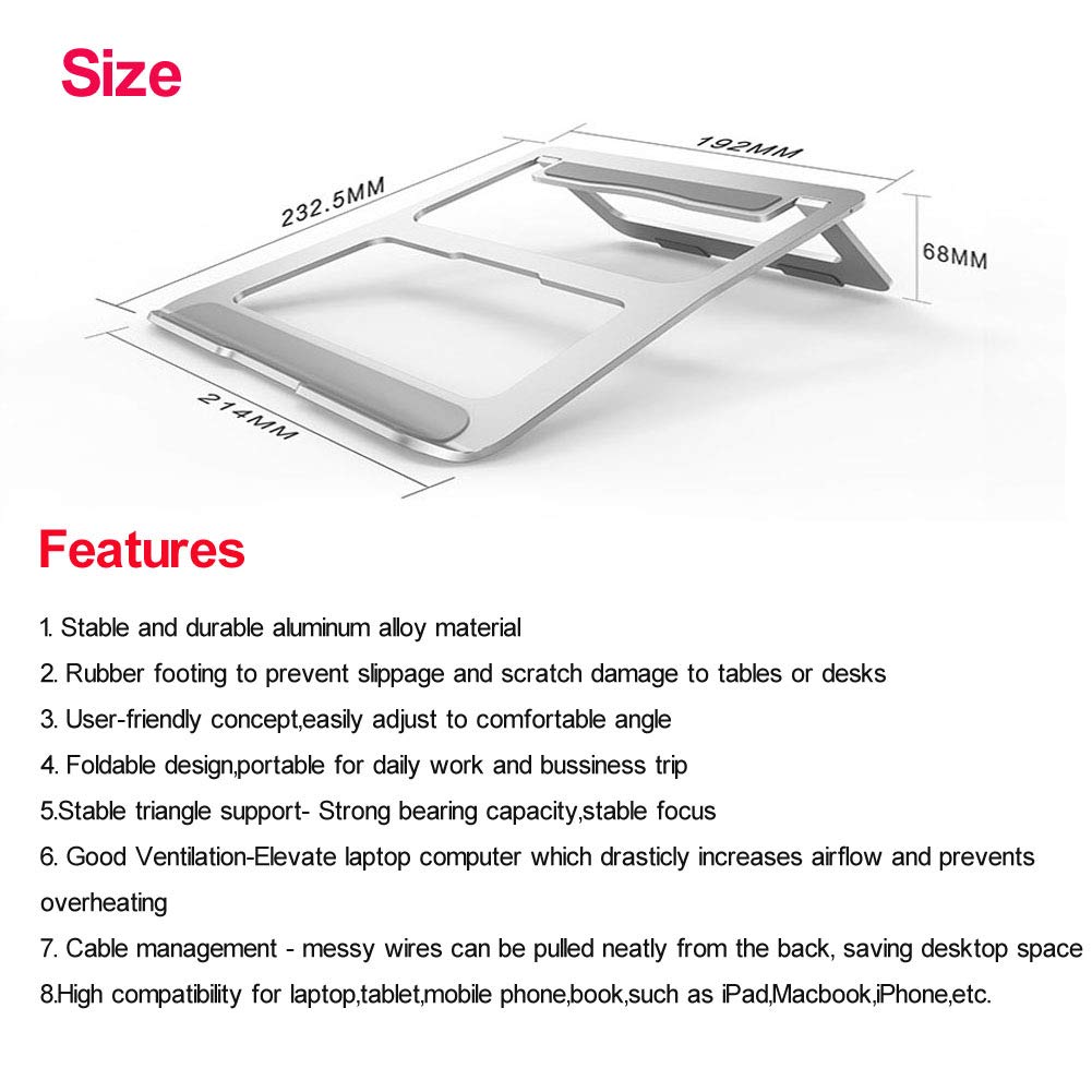 Portable Aluminum Laptop Stand - Foldable & Adjustable Computer Holder for MacBook Pro/Air, iPad, Notebook - Perfect for Home Office, Travel & Workspace Ergonomics