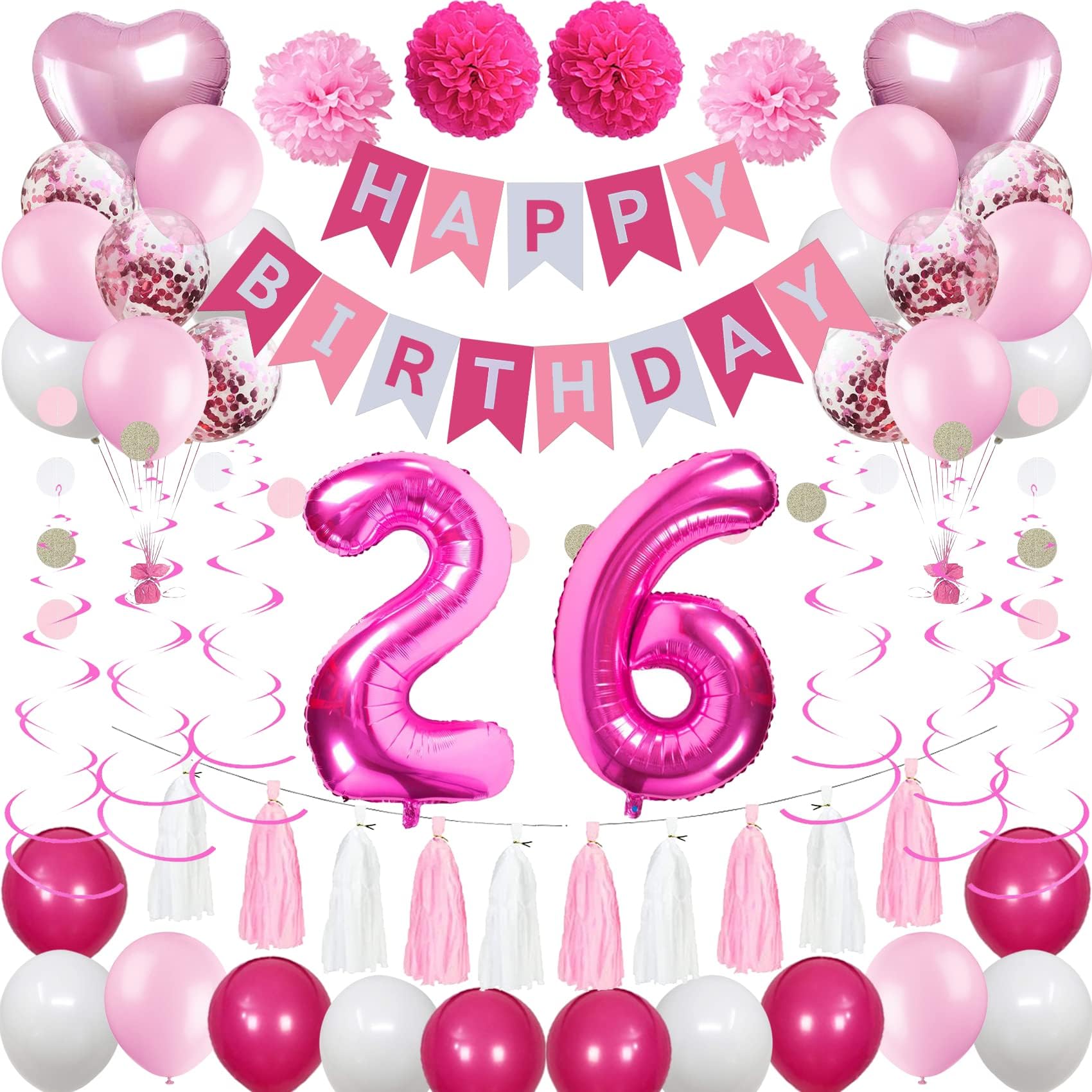 26th Birthday Decorations for Women - Pink & White Balloons, Banner & Party Supplies | Sweet 26 Birthday Gifts for Girlfriend, Wife | Perfect for Birthday Parties, Surprise Celebrations & Milestone Events