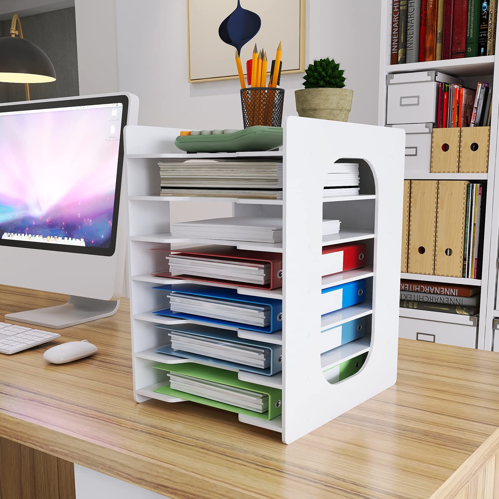 7-Tier White Paper Organizer for Desk - File Holder & Mail Letter Tray, Document Storage Rack for Home Office, School & Classroom - Perfect for Organizing Bills, Notebooks, Office Supplies & Daily Documents
