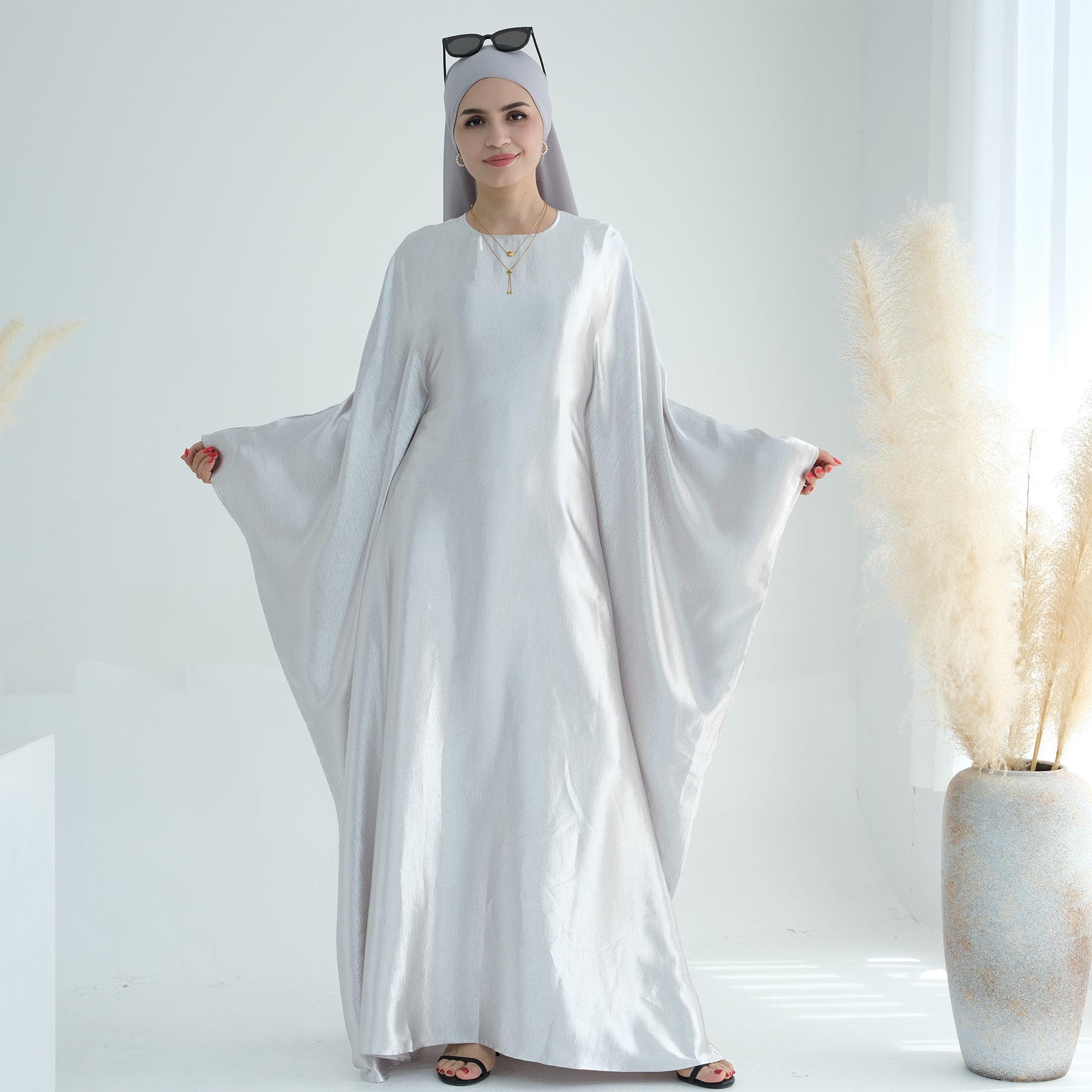 Elegant Alisha Butterfly Satin Abaya Dress for Women - Modest Muslim Prayer Dress - Perfect for Eid, Ramadan, and Special Occasions