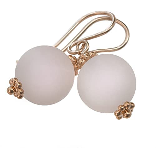 14K Rose Gold Filled Rose Quartz Earrings for Women - Smooth Round Pink Gemstone Dangle Drop Earrings with Gold Beaded Accents | Everyday Jewelry, Gift for Her, Valentine's Day, Anniversary