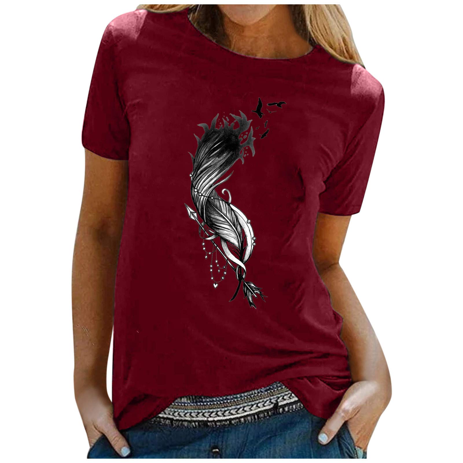 Women's Oversized Casual Short Sleeve T-Shirt - Loose Fit Printed Tunic Blouse in Wine Red | Perfect for Everyday Wear, Lounge & Street Style (Size L)
