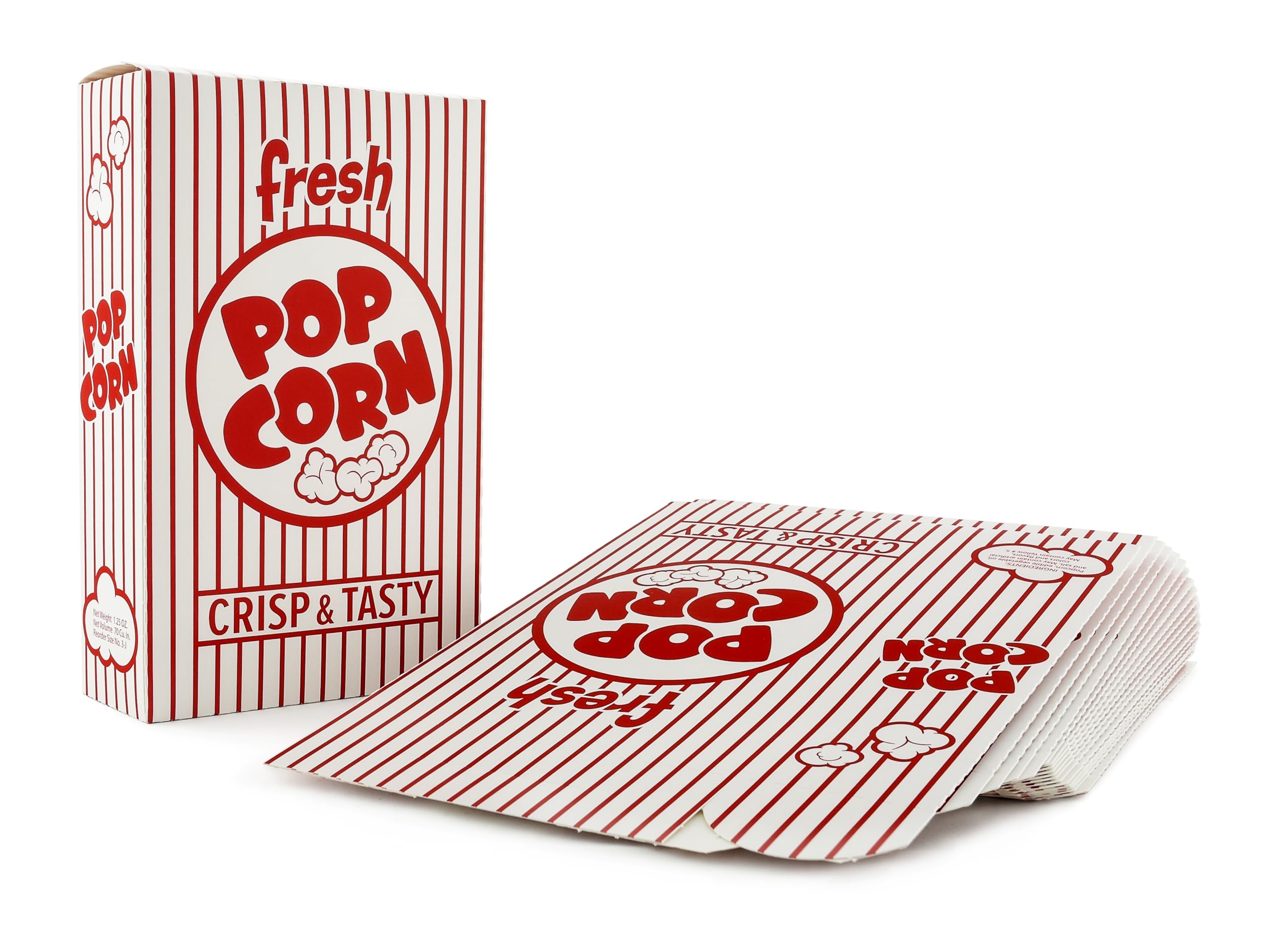 Snappy 3J Red & White Popcorn Boxes Bulk 500 Count for Movie Night Supplies - 1.25oz, 4.625x2x7.5in - Perfect for Cinemas & Parties