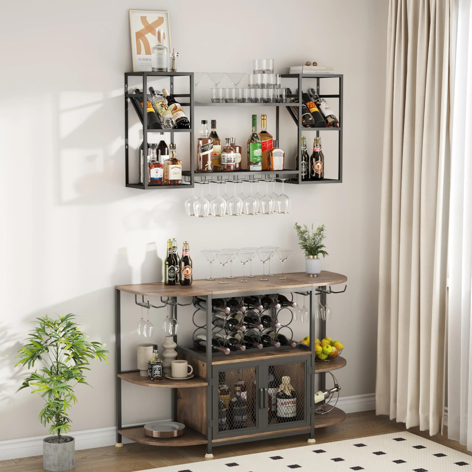 Modern Metal Wall Mounted Wine Rack - Multi-Functional Bar Shelf with Glass Holder for Liquor Bottles - Perfect for Home Bar, Kitchen & Dining Room Organization - Ideal for Wine Storage, Entertaining Guests & Small Space Decor