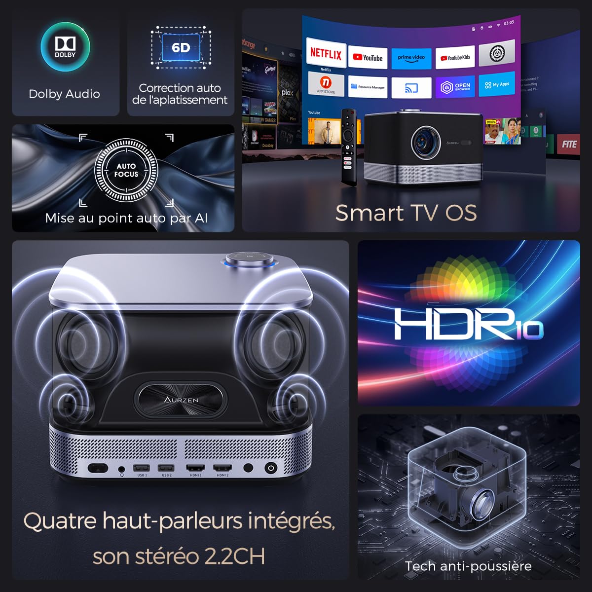 AURZEN Boom 3 4K Video Projector with Netflix/Dolby, Auto Focus & Keystone, 500 ANSI Lumens, WiFi Bluetooth Portable Projector, Full HD 1080P, Dual 18W Speakers, Zoom, HDMI/USB, Black - Perfect for Home Theater, Outdoor Movies, Gaming, and Presentations
