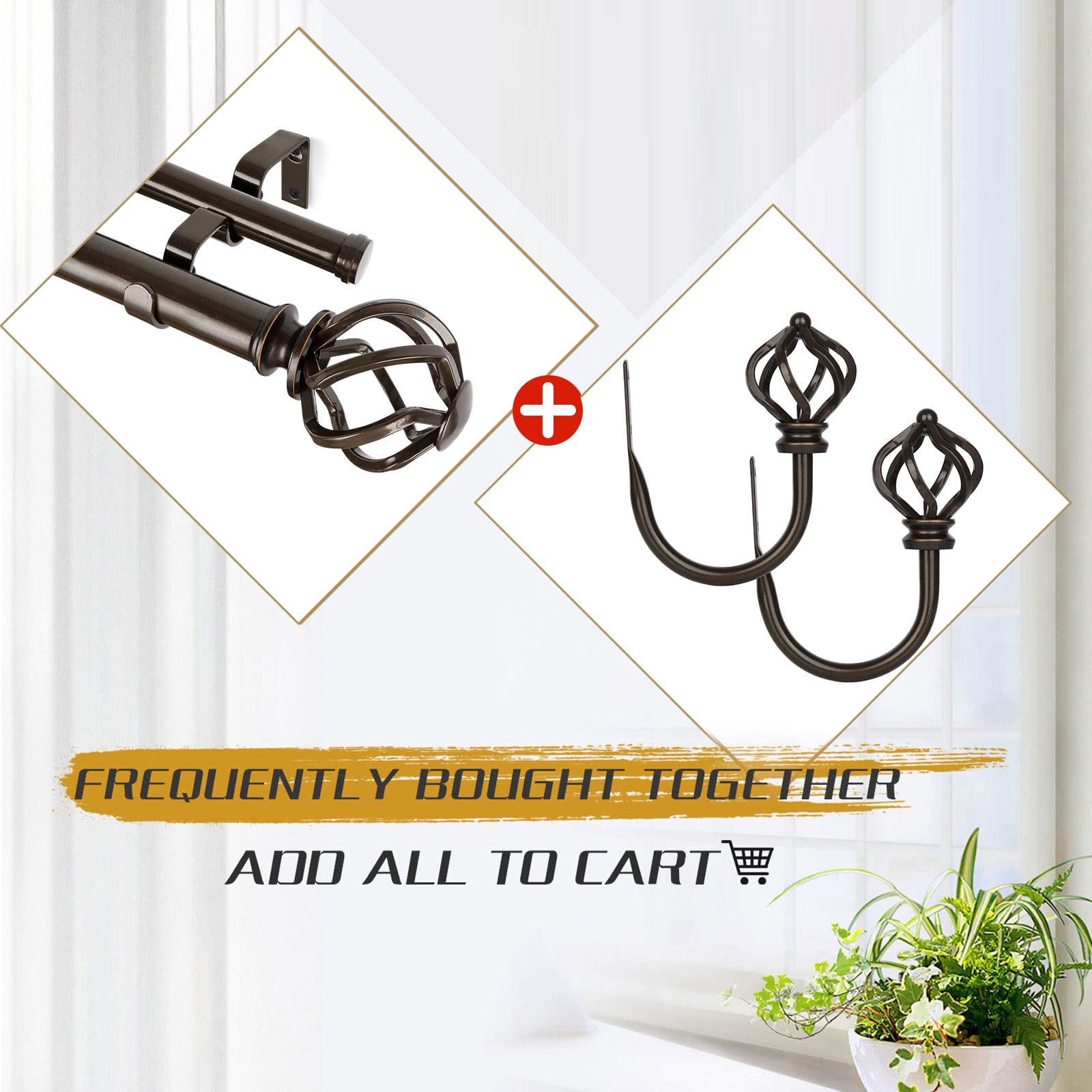 KAMANINA 1 Inch Double Curtain Rods 36-72 Inches Adjustable Telescoping Drapery Rod, Heavy Duty Antique Bronze Window Curtain Rod for 24-68 Inch Windows with Twisted Cage Finials - Perfect for Living Room, Bedroom & Home Decor